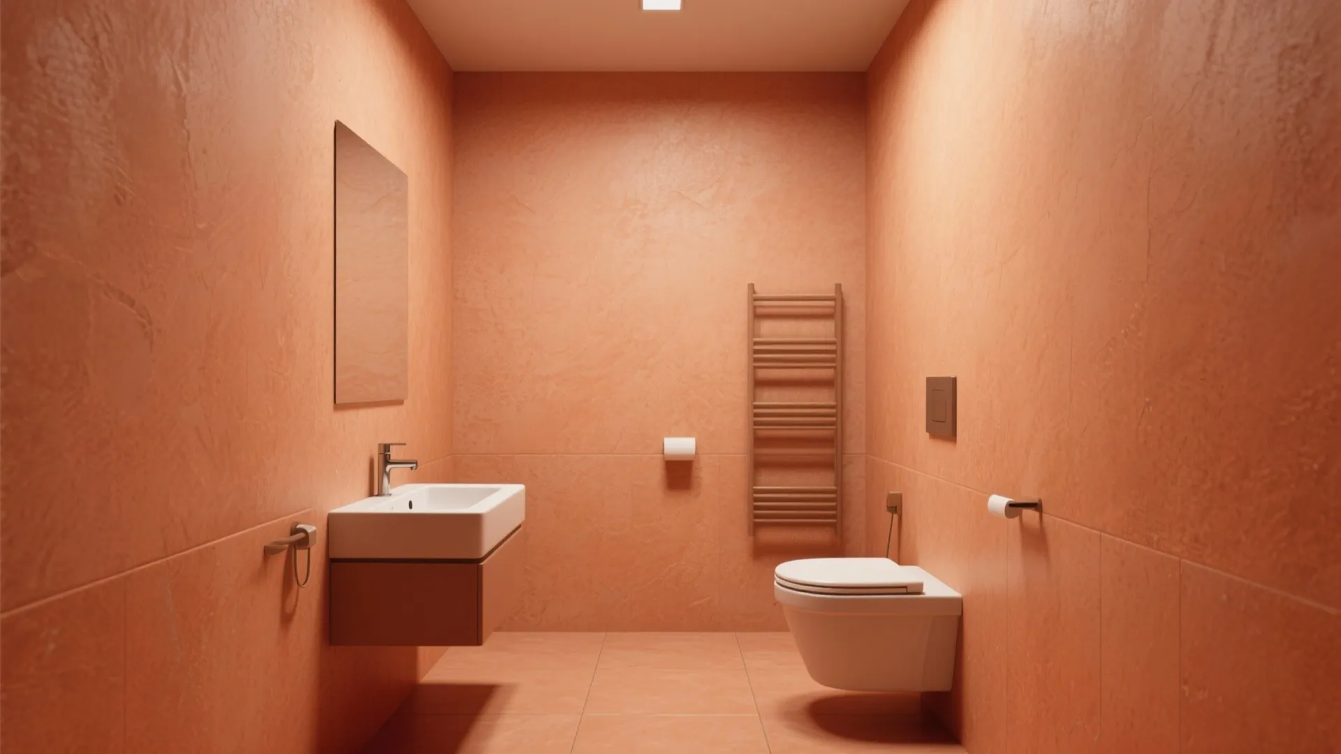 Minimalist orange bathroom featuring a floating white sink, toilet, mirror, towel rack, and textured walls