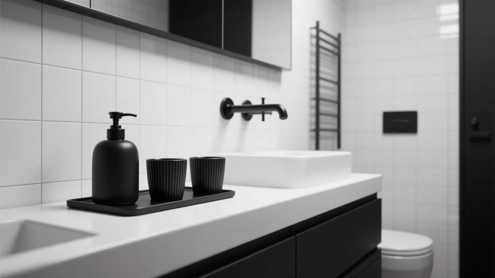 Minimalist bathroom with white tiles and matte-black fixtures, featuring a ribbed soap dispenser.