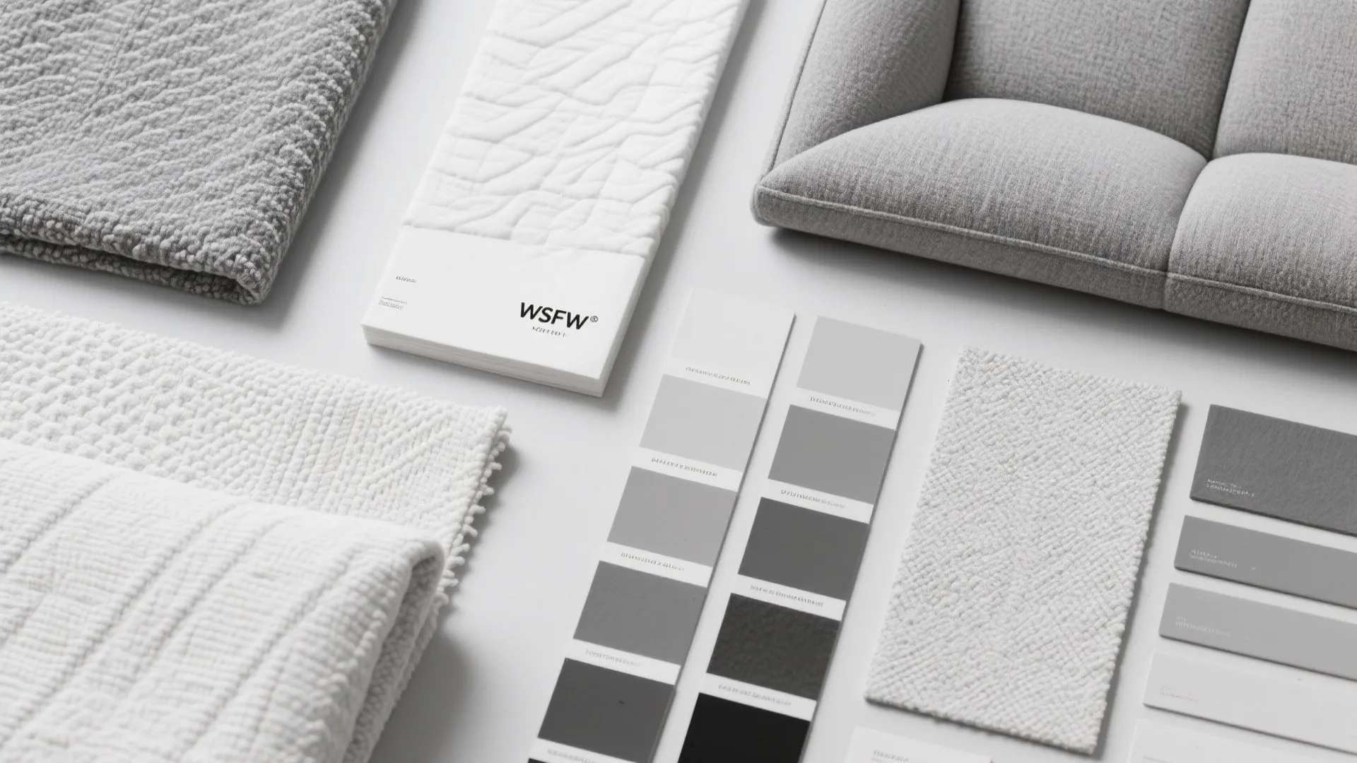Grey and white fabric samples and color swatches arranged neatly on a plain white table