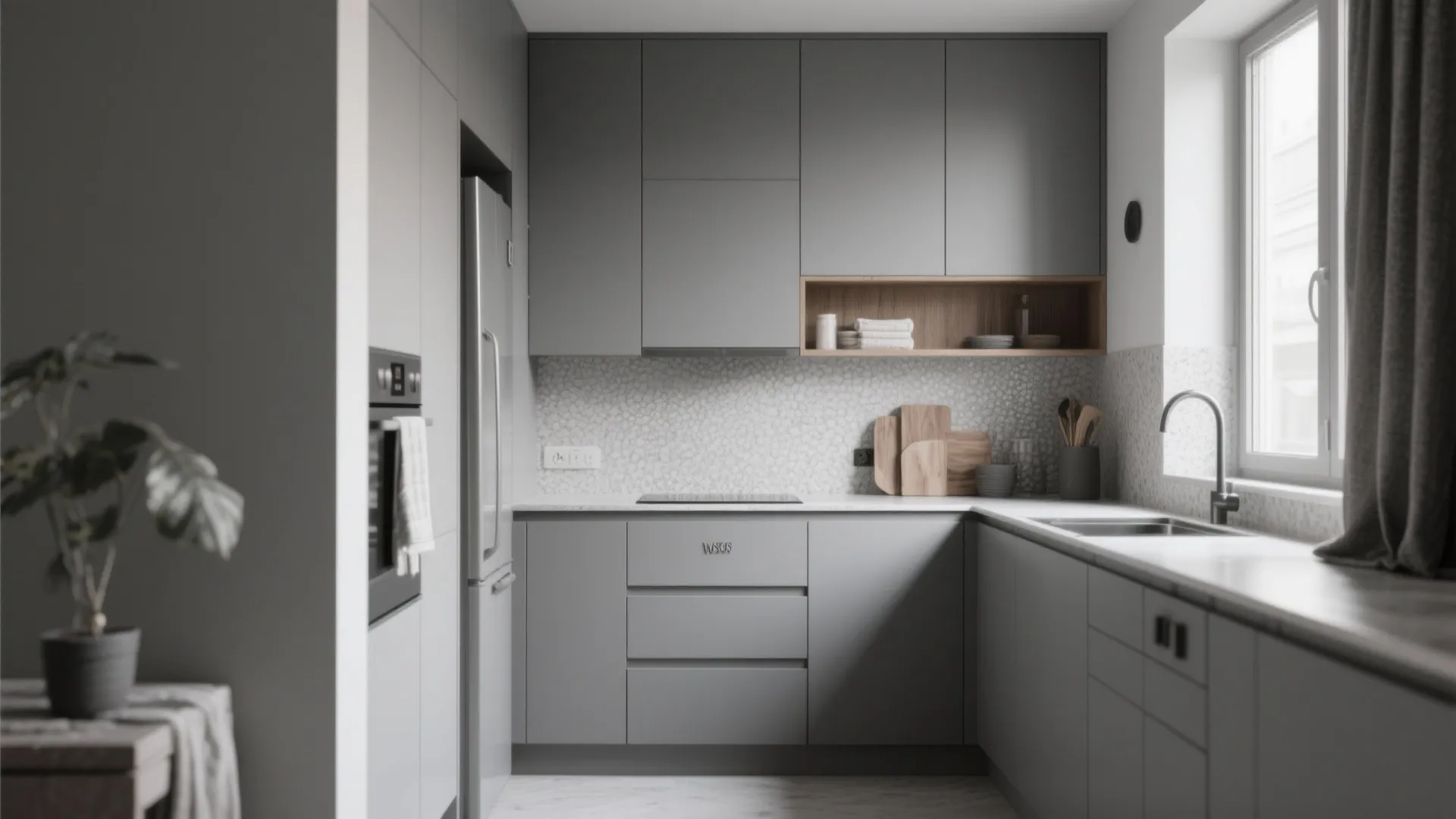 Minimalist grey kitchen with matte cabinets, tiled backsplash, wooden shelf, sink, and green potted plant