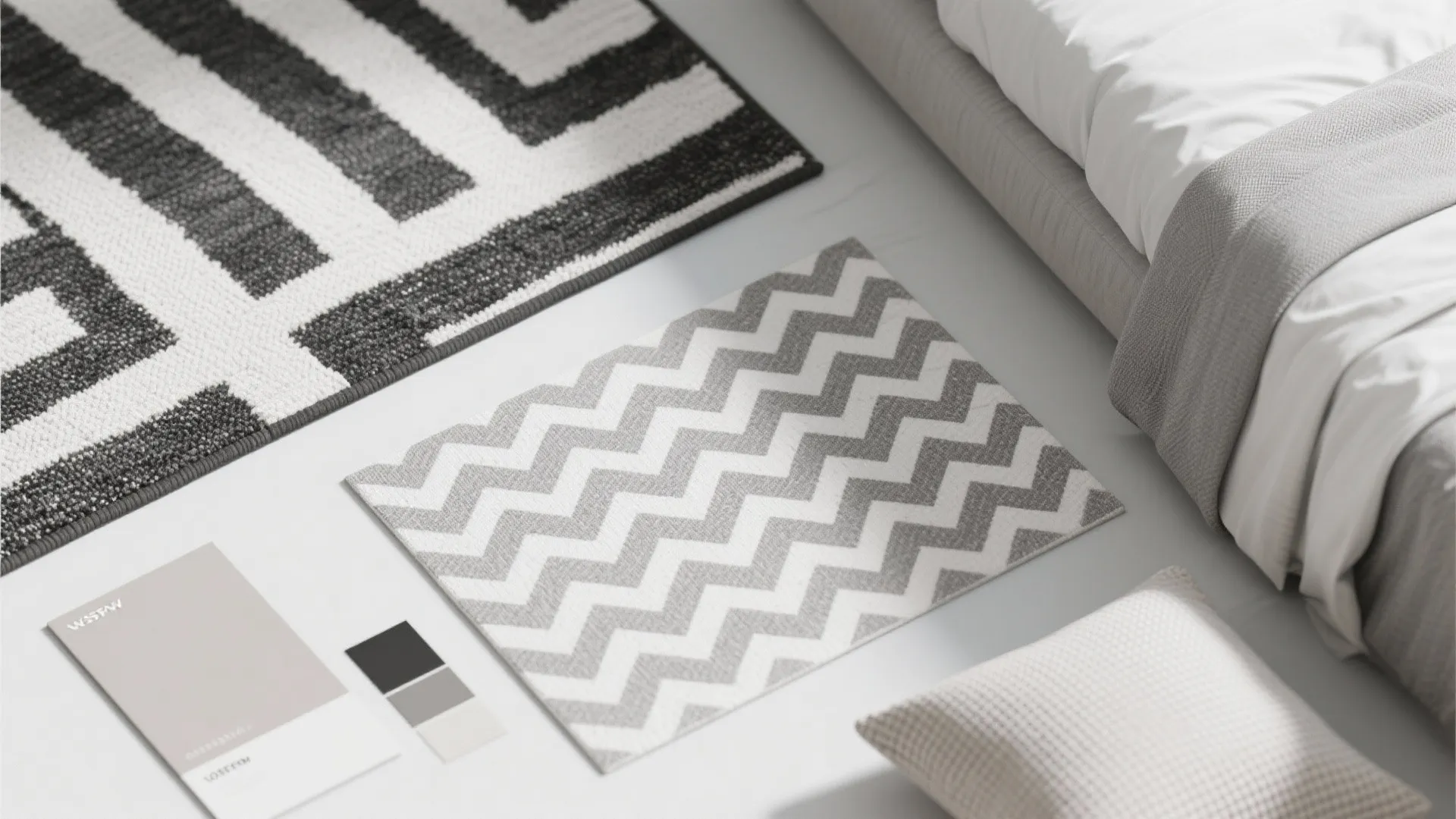 Top view showing patterned rugs, color palette cards, a pillow, and edge of a bed