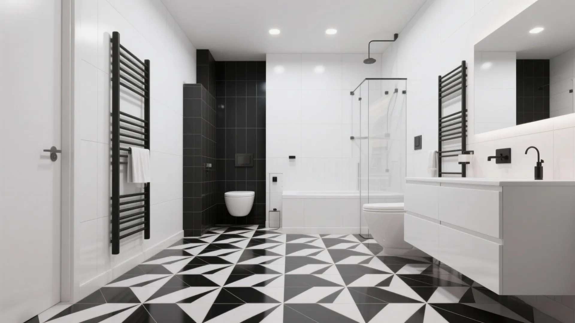 Modern bathroom with black and white pattern floor tiles white sink white toilet and rack