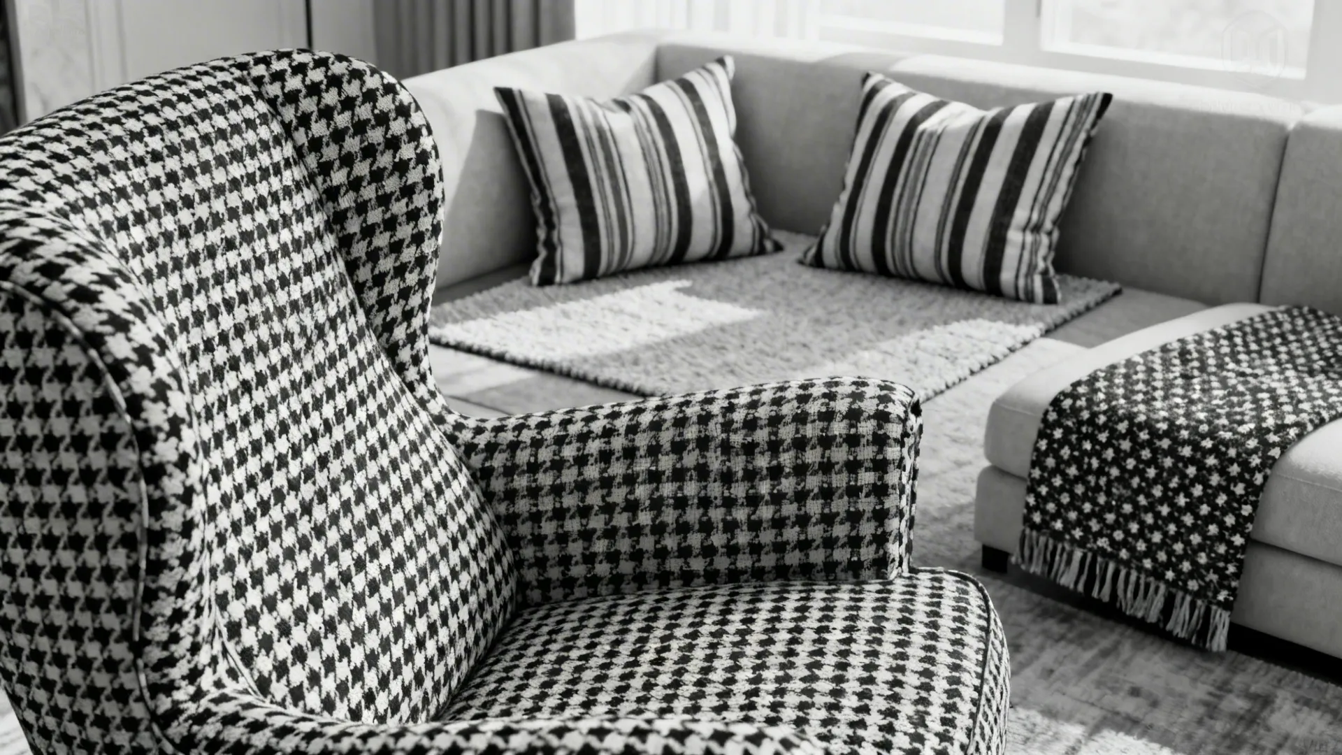 Black-and-white patterned armchair and cushions layered in a small living room to create visual interest.