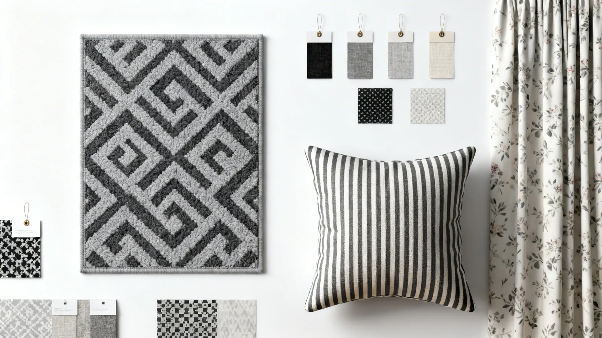 Flatlay of monochrome rug, cushion and curtain fabric samples in grey and white