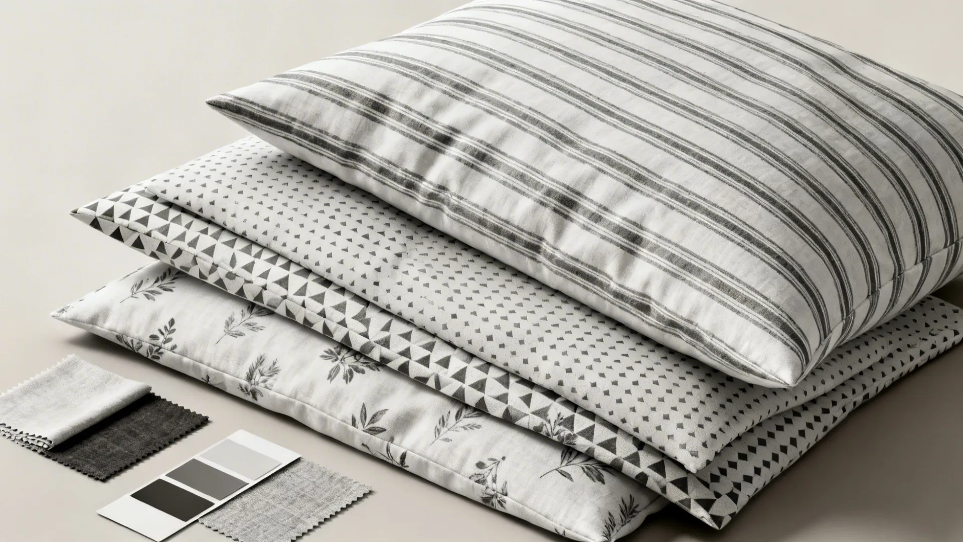 Flatlay of monochrome pillow covers with varied pattern scales and fabric swatches