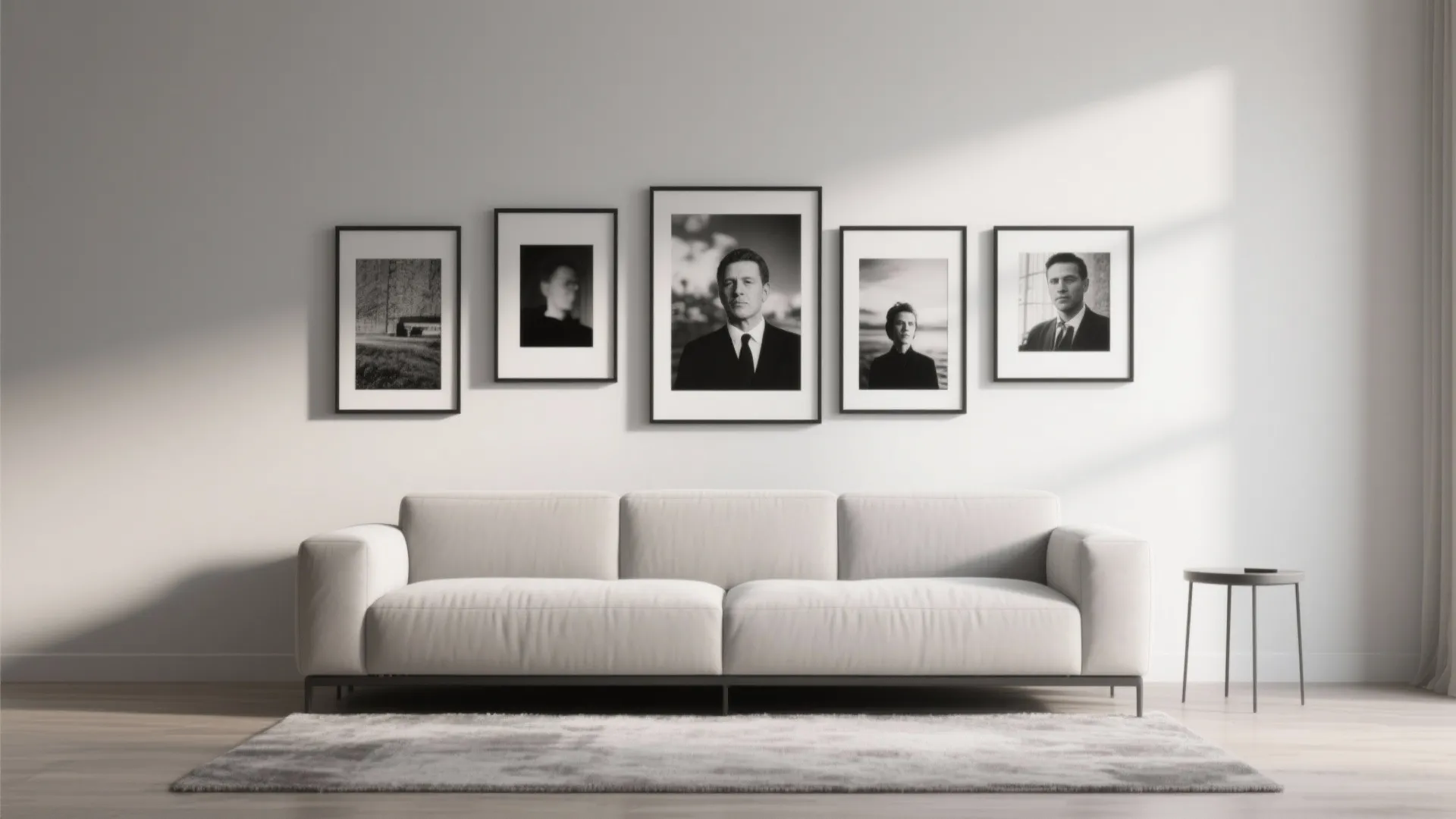 White sofa in modern living room with black and white framed photos on the wall