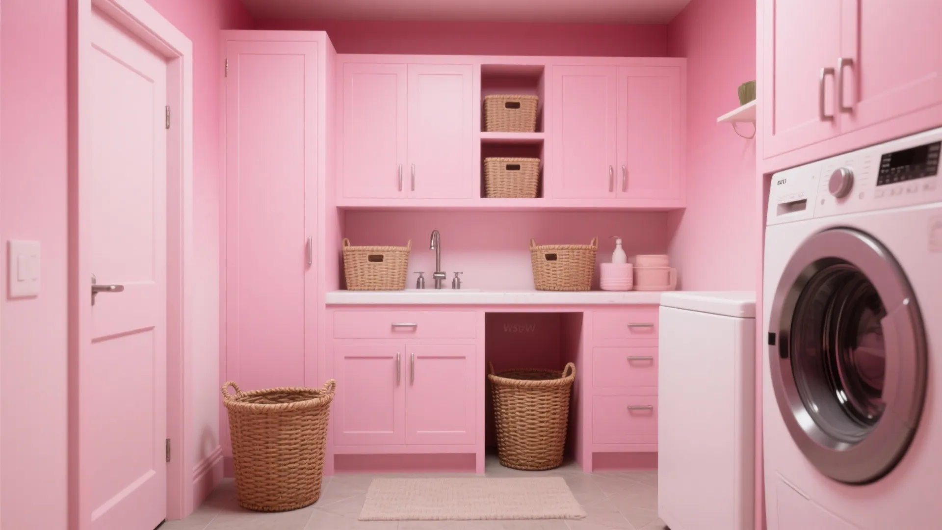 Pink laundry room with pink cabinets pink walls white washing machine and woven laundry storage baskets