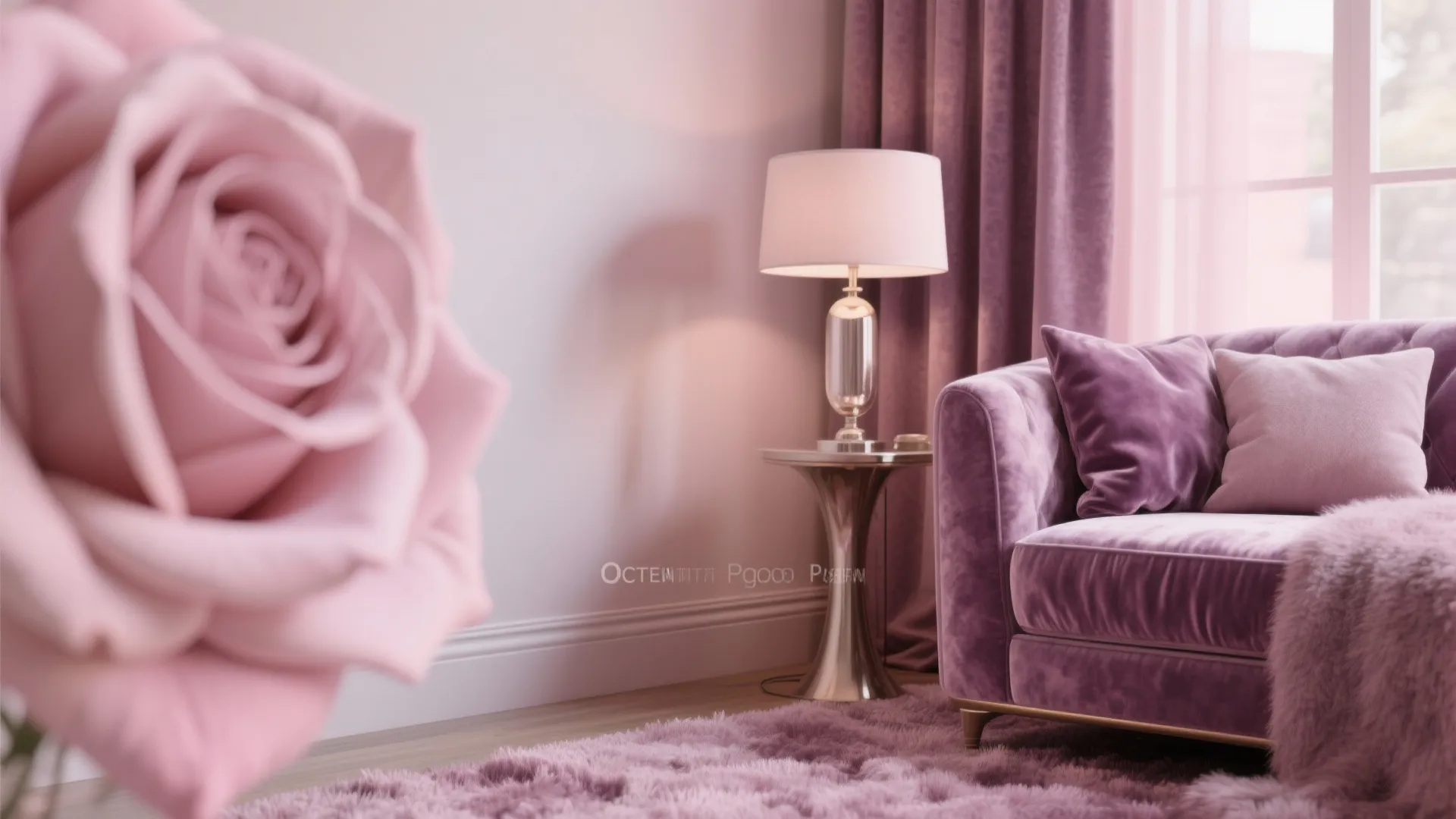 Pink living room with velvet sofa, white light fixture, matching curtains, and soft floor rug