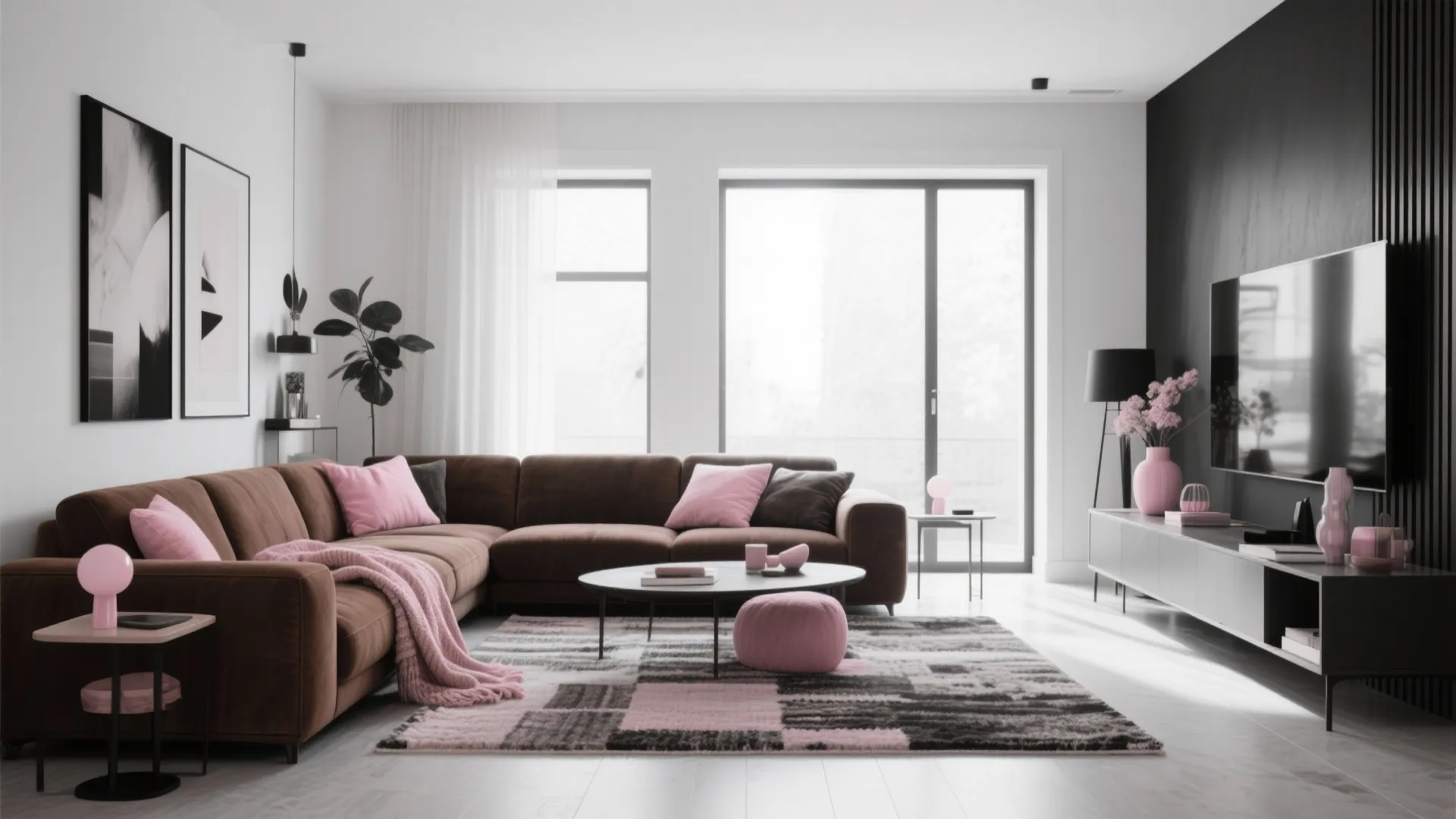 Black and white base with chestnut furniture and blush accessories