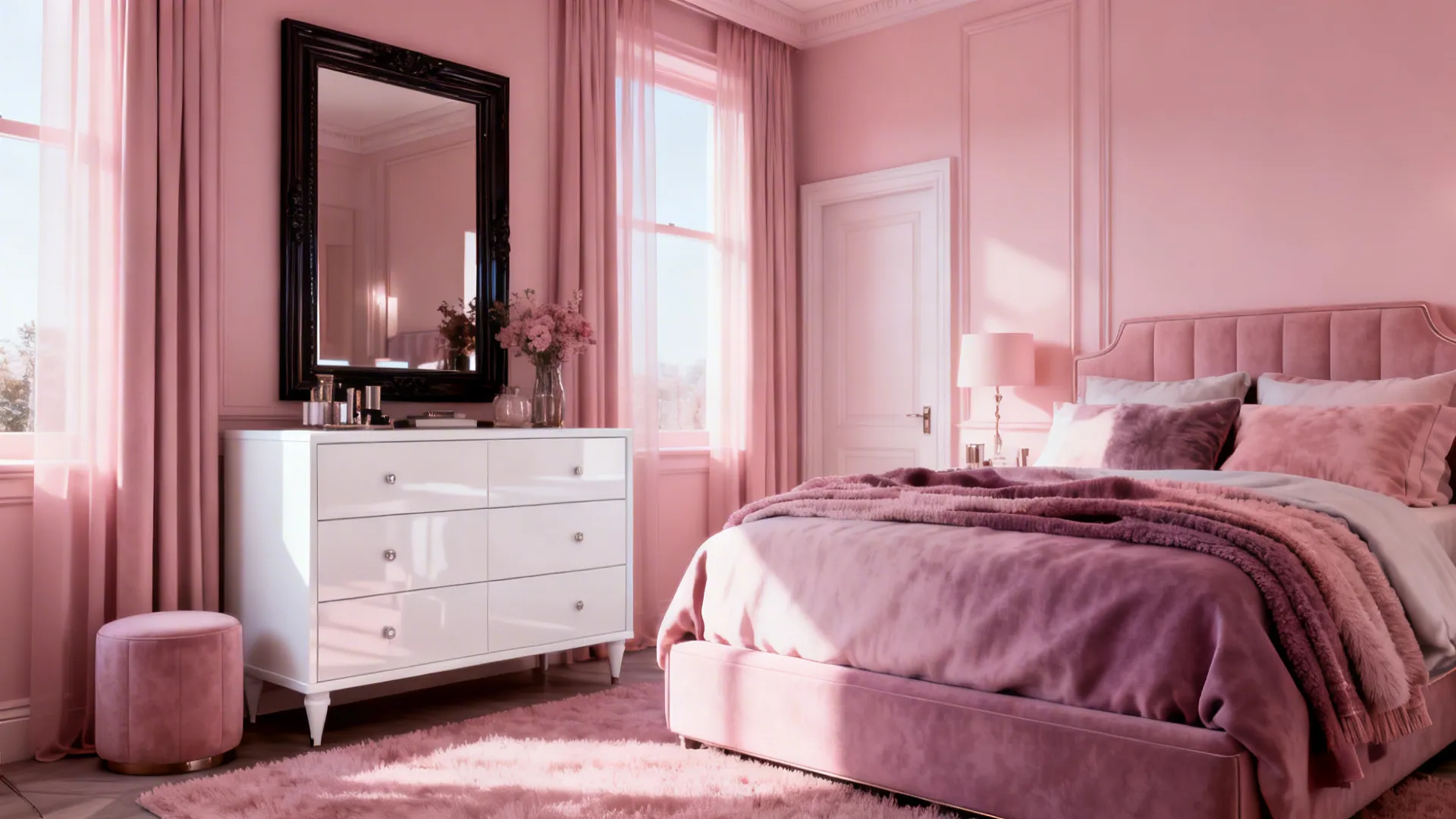 Boutique small bedroom mixing blush, rose, and mauve with a white lacquer dresser as a high-contrast element.