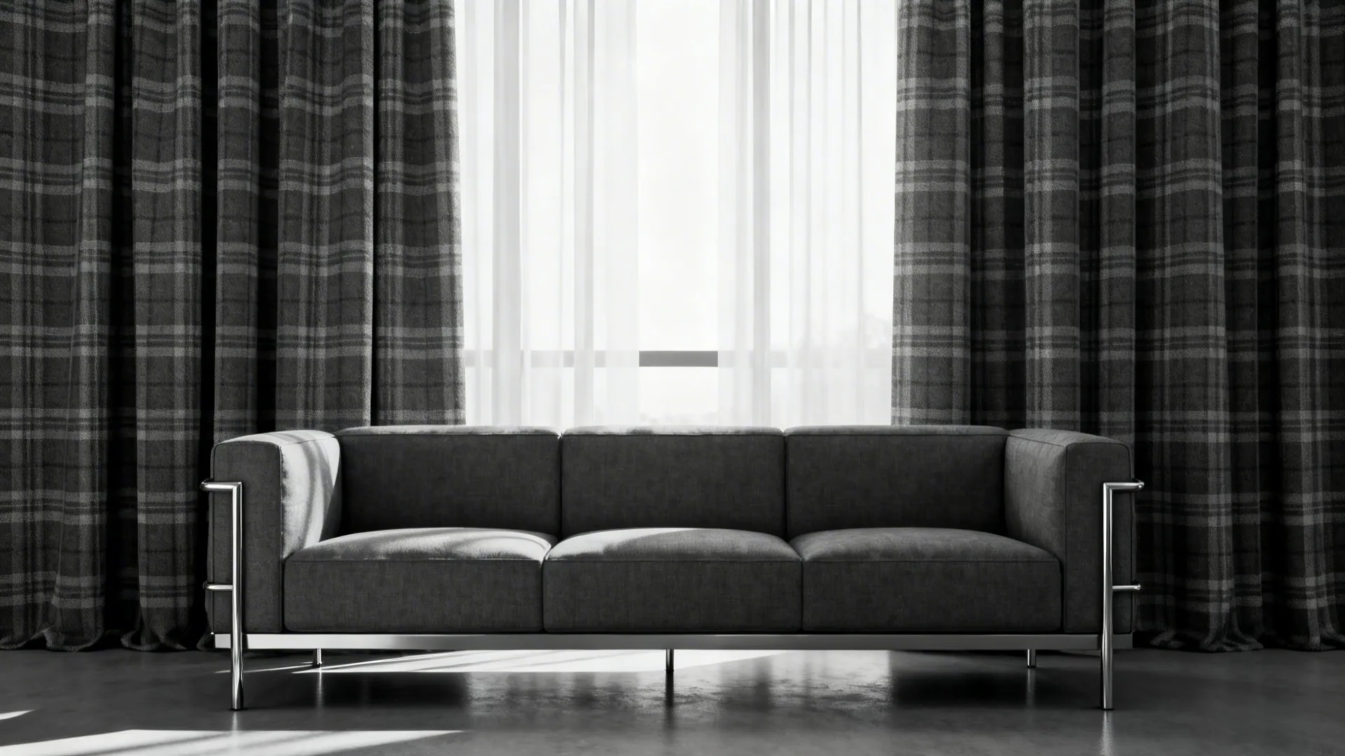Sleek urban living room with charcoal-on-gray monochrome buffalo plaid curtains