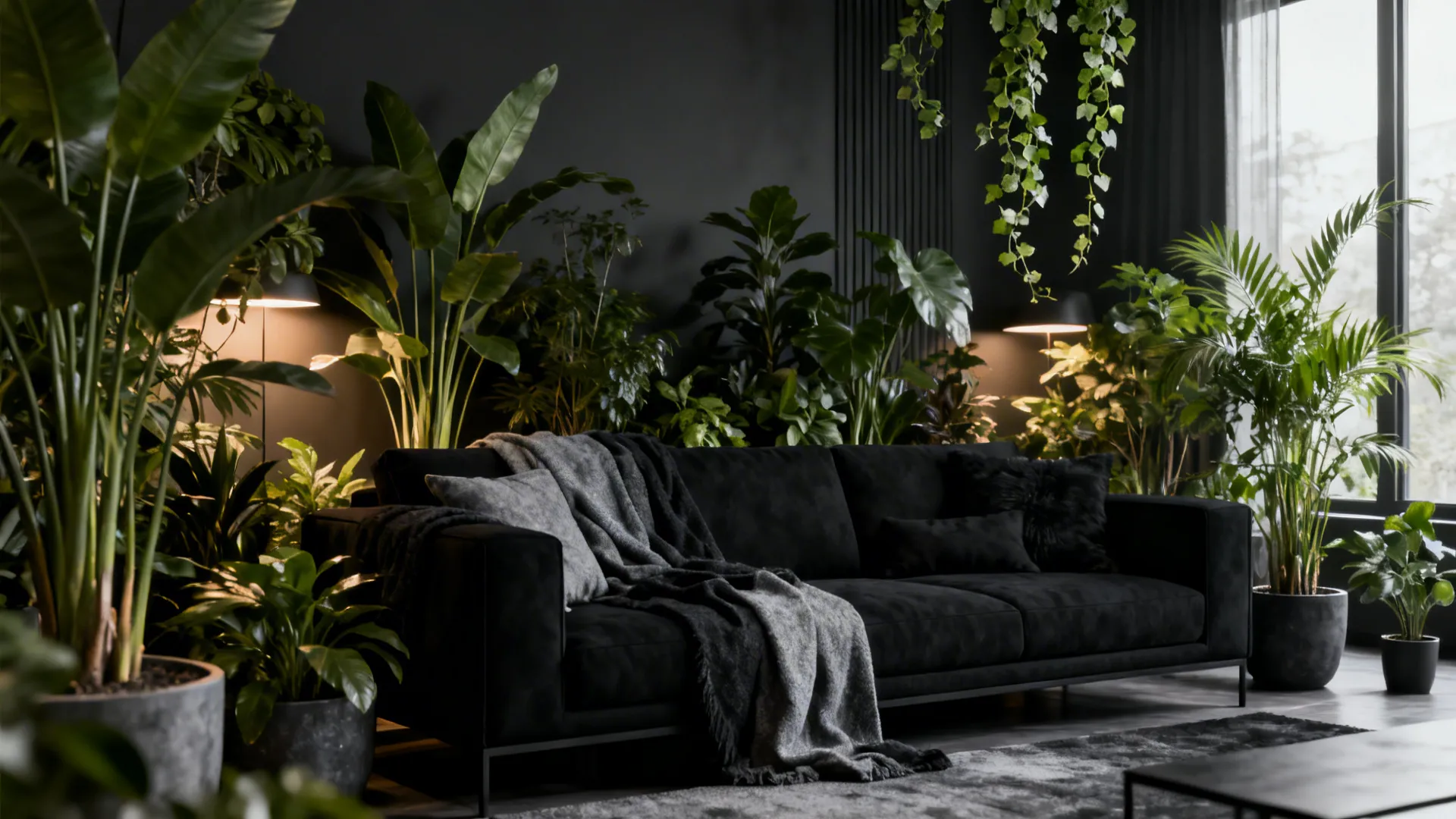 Monochrome living room with a black sofa layered in greys and lush green plants.