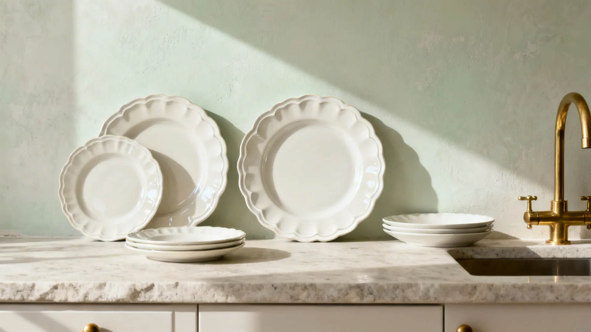 Monochrome white plates on a pale limewash kitchen wall with soft shadow play.
