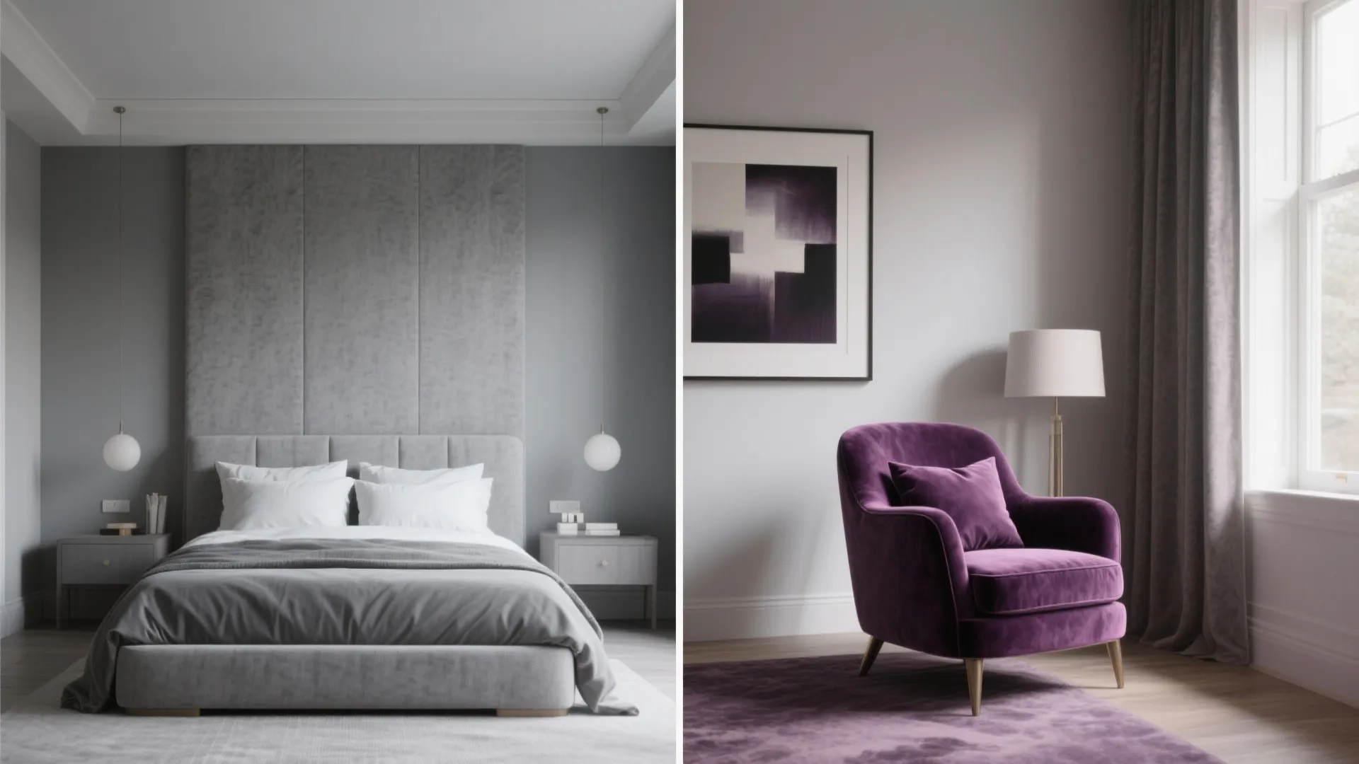 Comparison of a neutral grey bedroom next to a room with purple armchair and rug