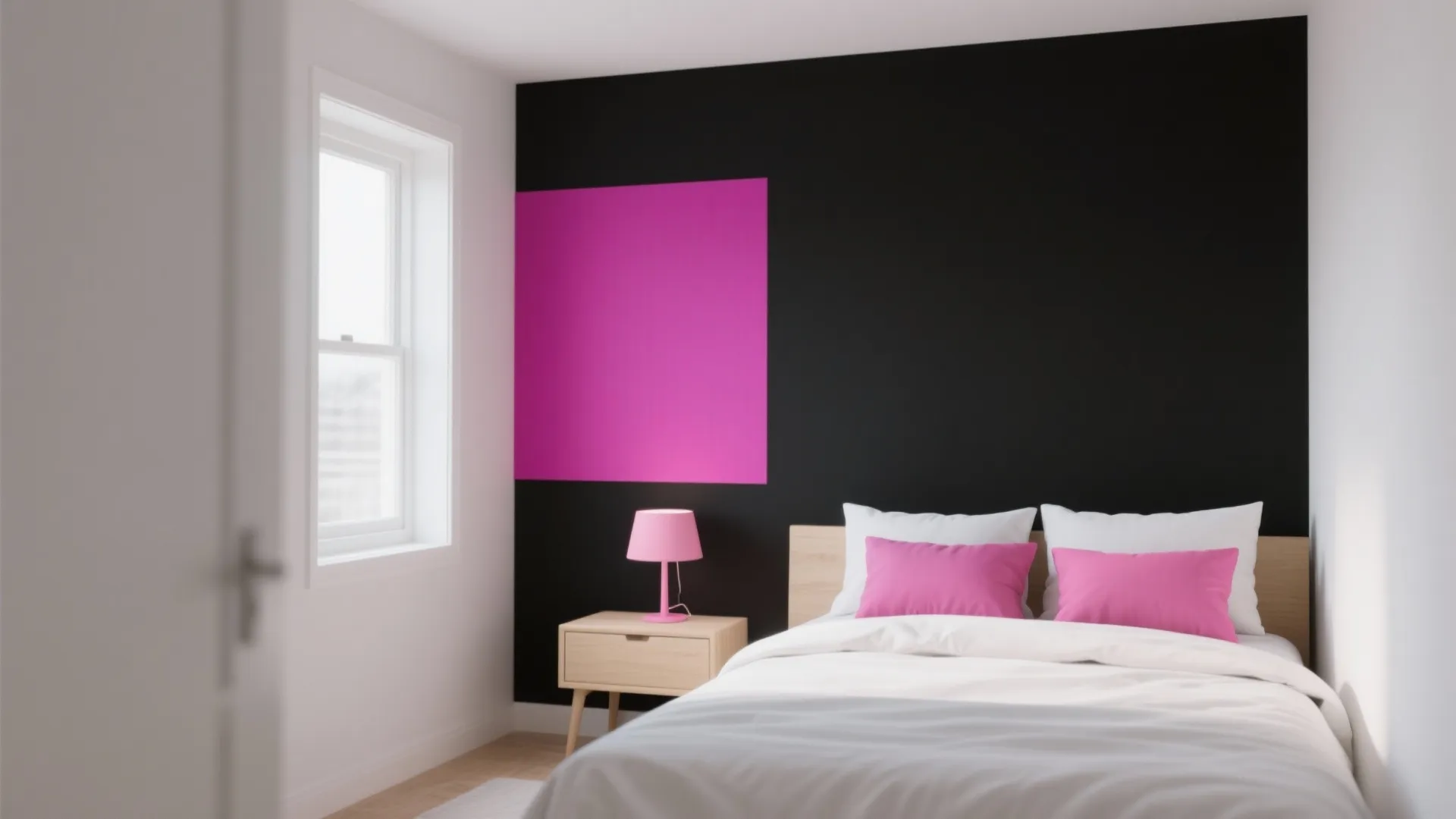 Minimalist bedroom featuring black wall with pink square white bed pink pillows and small table lamp
