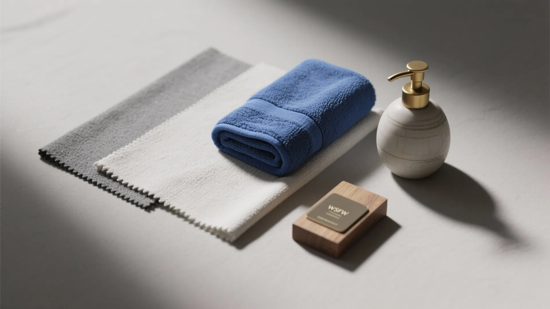 Blue towel folded on fabric samples next to a white soap bottle and wooden block