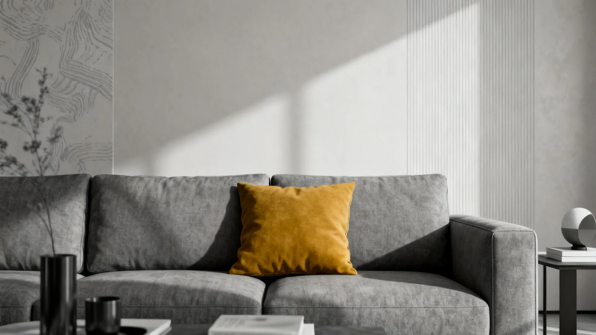Grey sofa in a monochrome living room with a single mustard cushion as a color accent.