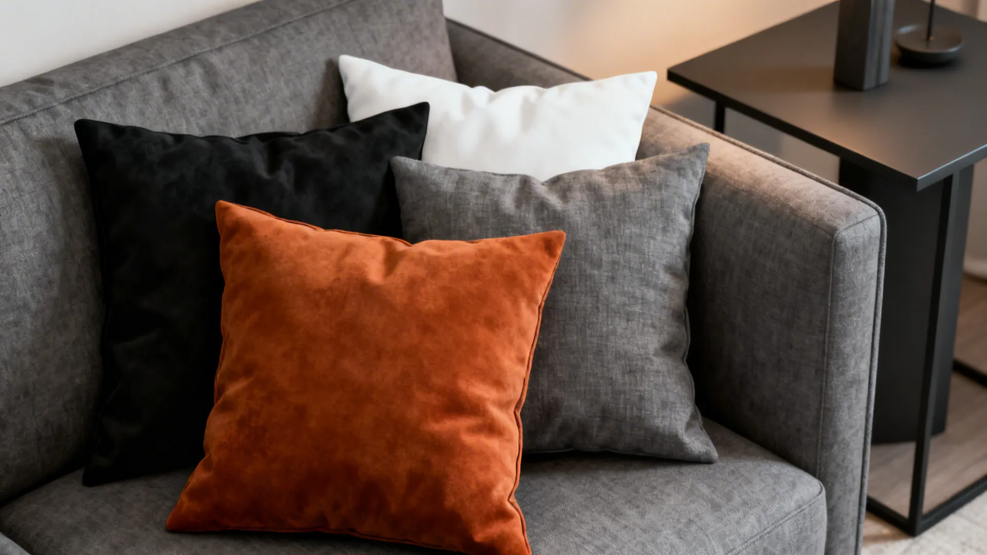 Grey sofa with four pillows in black white grey and orange colors for modern living room