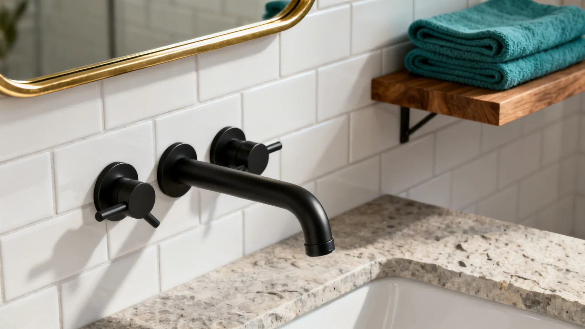 Black fixtures, brass mirror and teal towel creating a monochrome bathroom accent