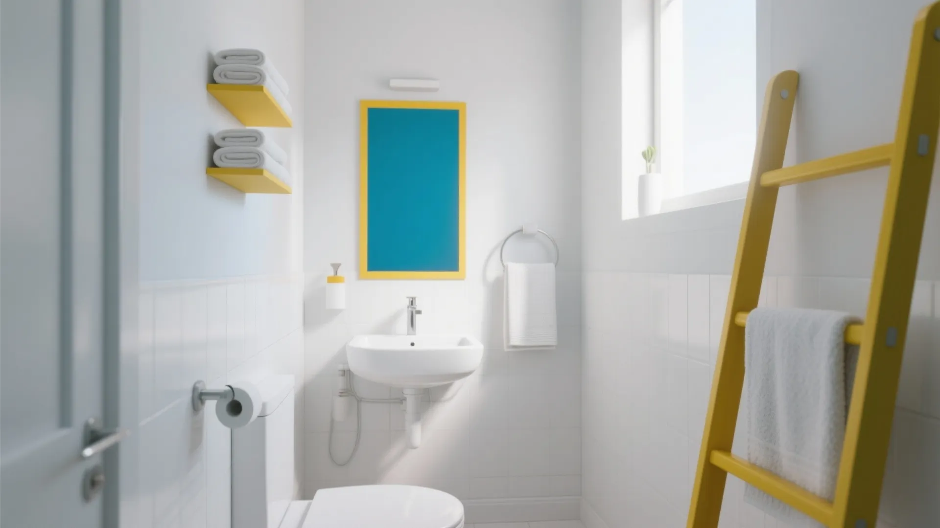 Modern white bathroom featuring a yellow mirror frame yellow wall shelves and a wooden ladder