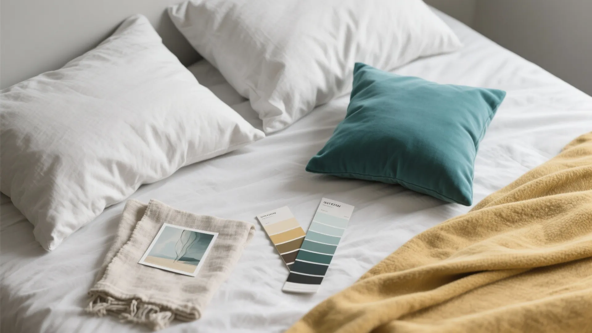 White bed sheets with teal pillow, yellow blanket, and interior design color swatches for room