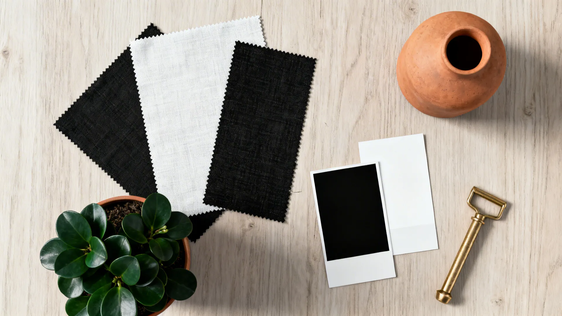 Flatlay of black-and-white swatches and a single deep emerald plant cutting with terracotta and brass samples.