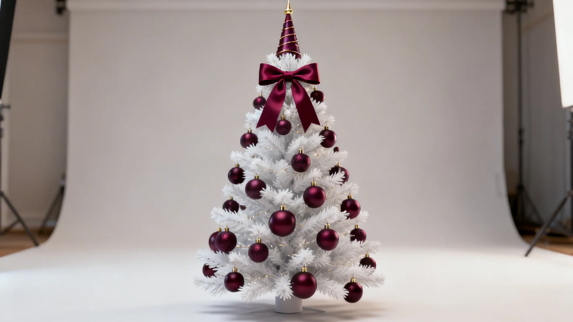 White tree with deep berry accent ornaments and gold touches in a compact studio.