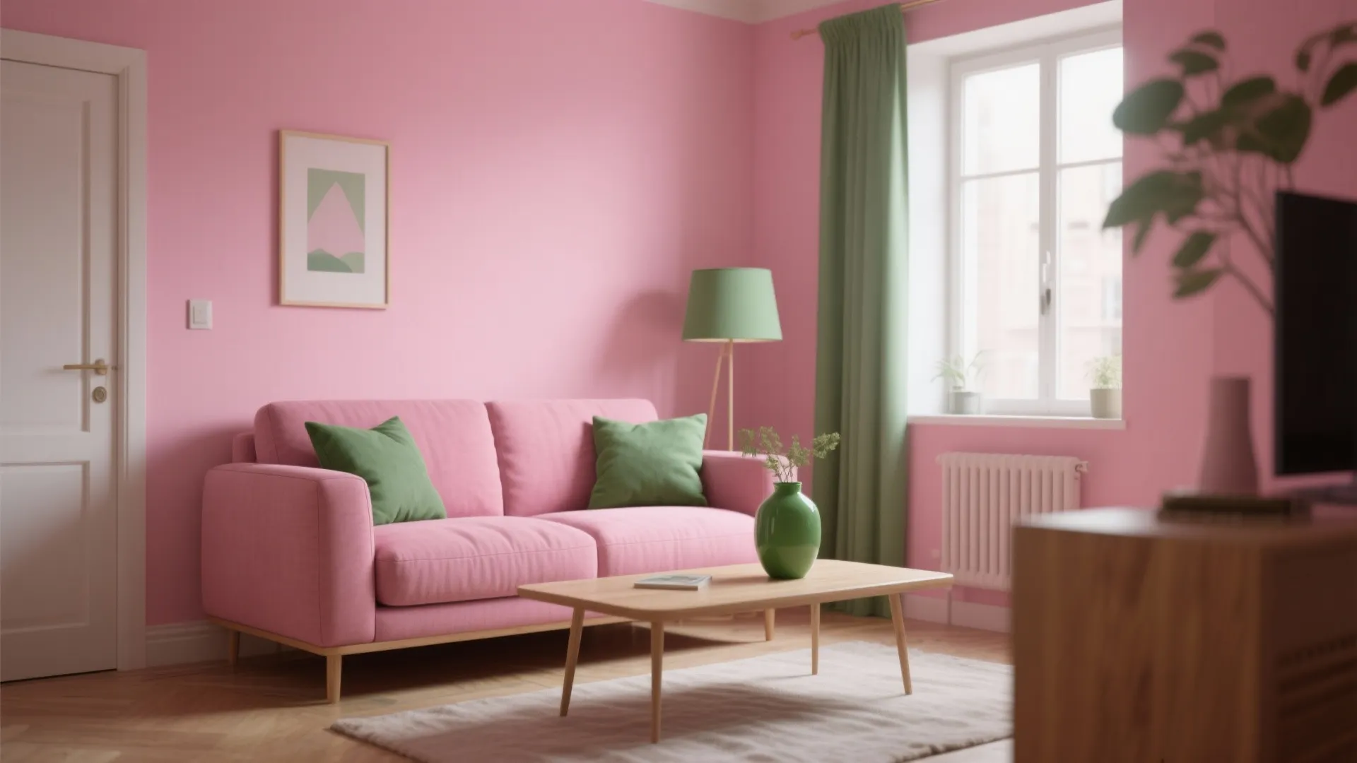 Monochrome pink living room with small sage green accent pieces like cushions and a vase.