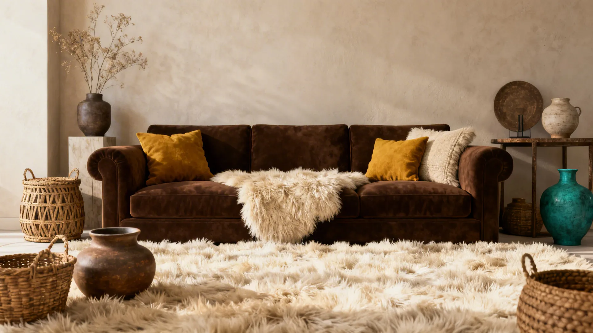 Brown sofa with yellow pillows and fur throw on white rug with vases and baskets