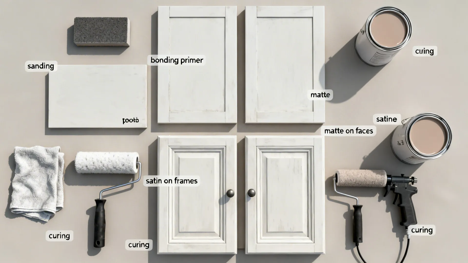 Top-down flat lay of tools and steps for painting cabinets in a monochrome matte scheme.
