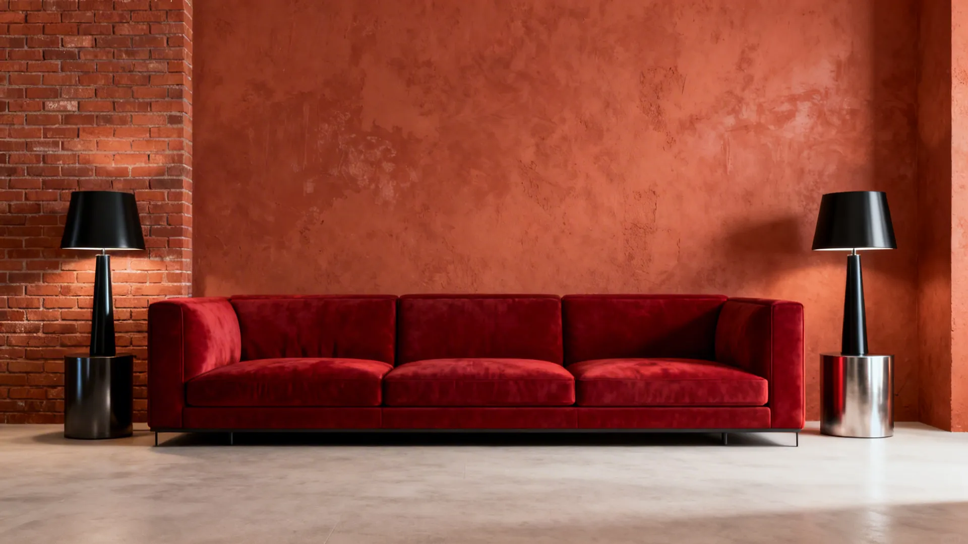 Monochrome red and terracotta living room with a cherry-red sofa and matte black accents.