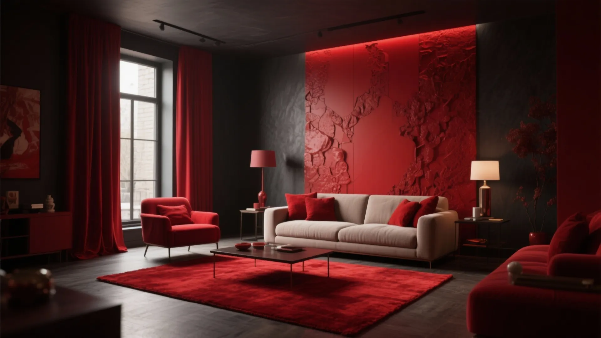 Dramatic black and red living room with textured wall panel red rug sofa and tall curtains