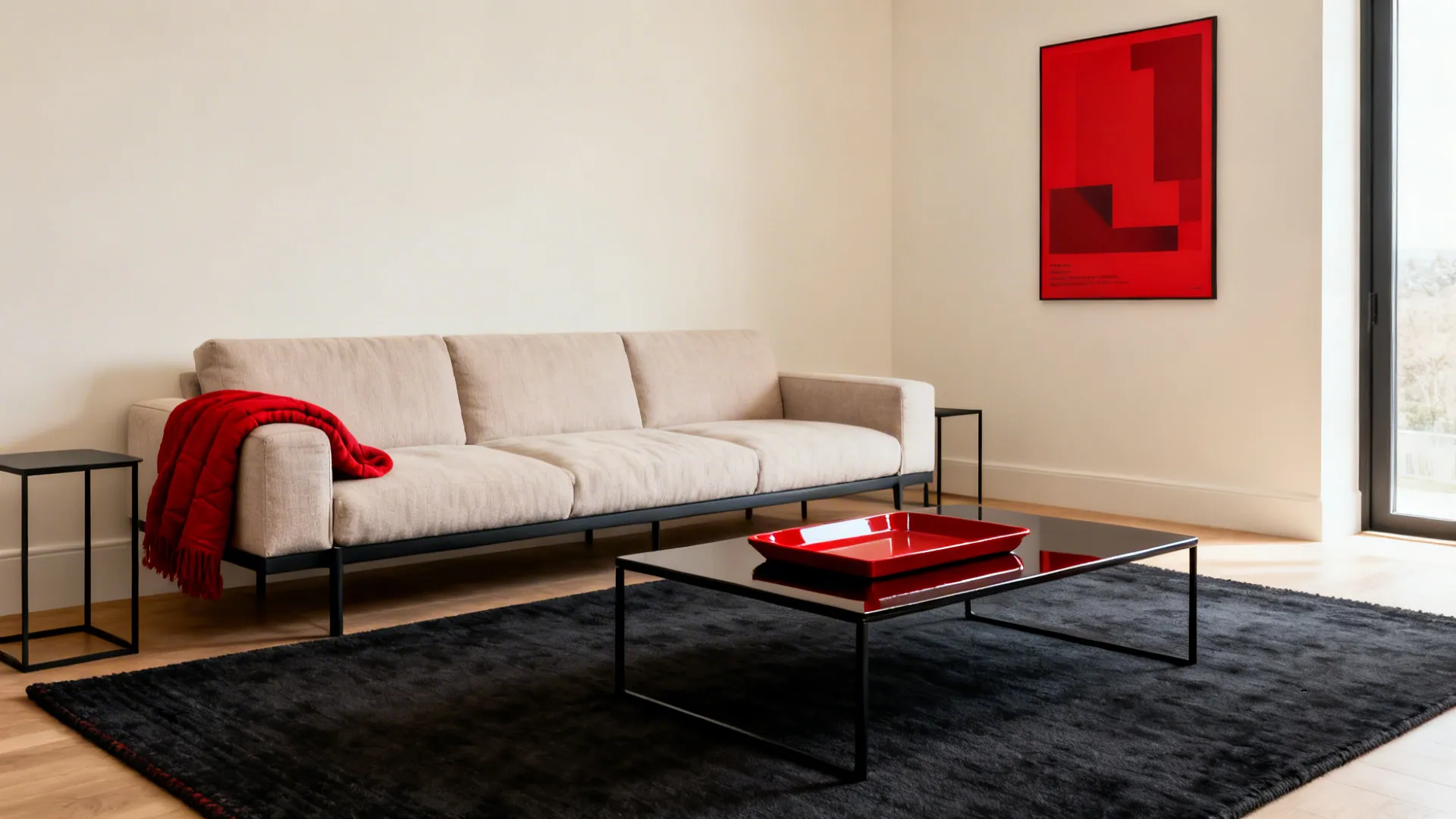 Warm white and charcoal living room with three red accents creating a subtle visual pulse.