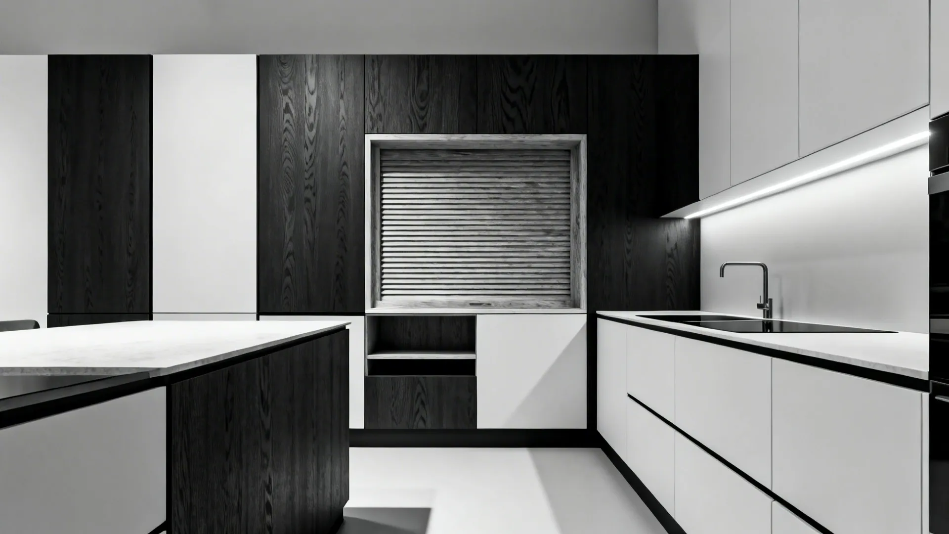 Monochrome 2.2 m exhibit kitchenette with a ribbed ash shutter over a pantry niche.