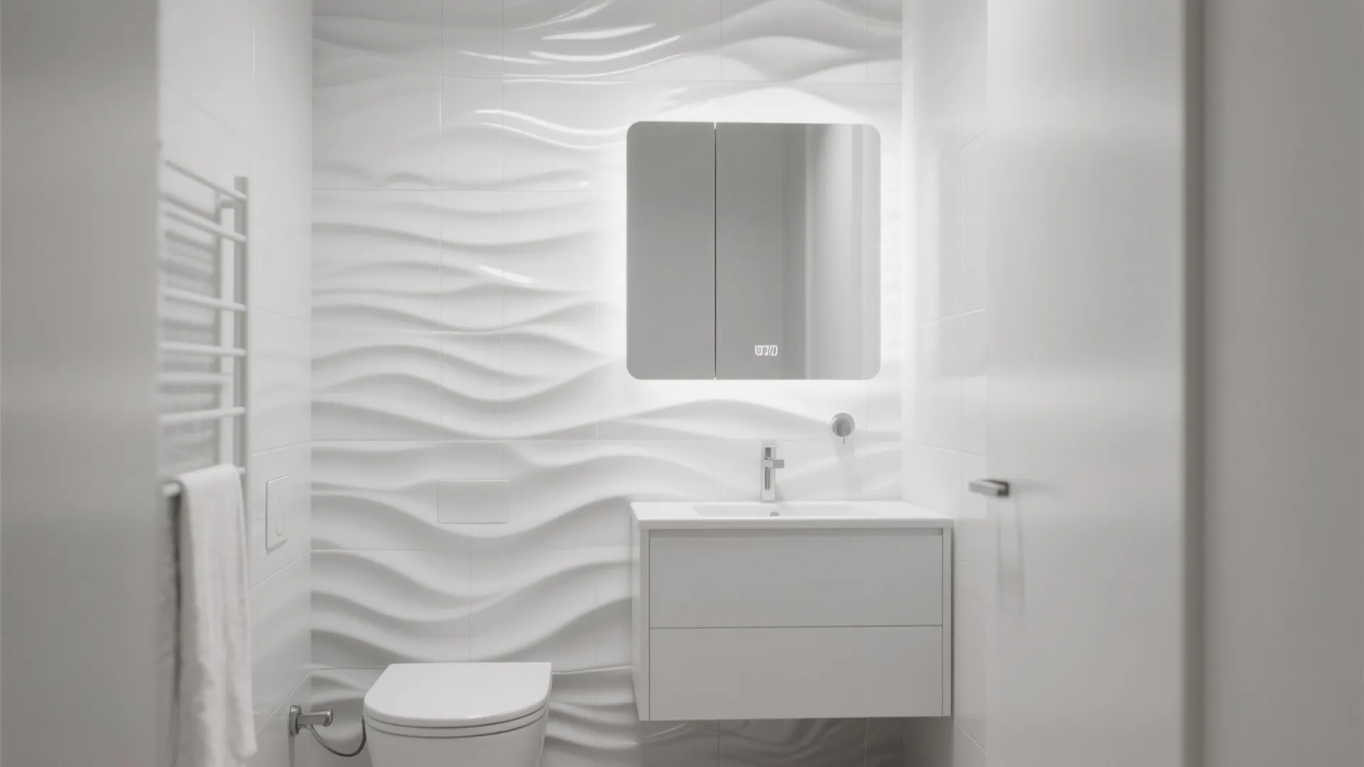 Modern white bathroom featuring wave pattern wall panels with lighted mirror and white floating cabinet