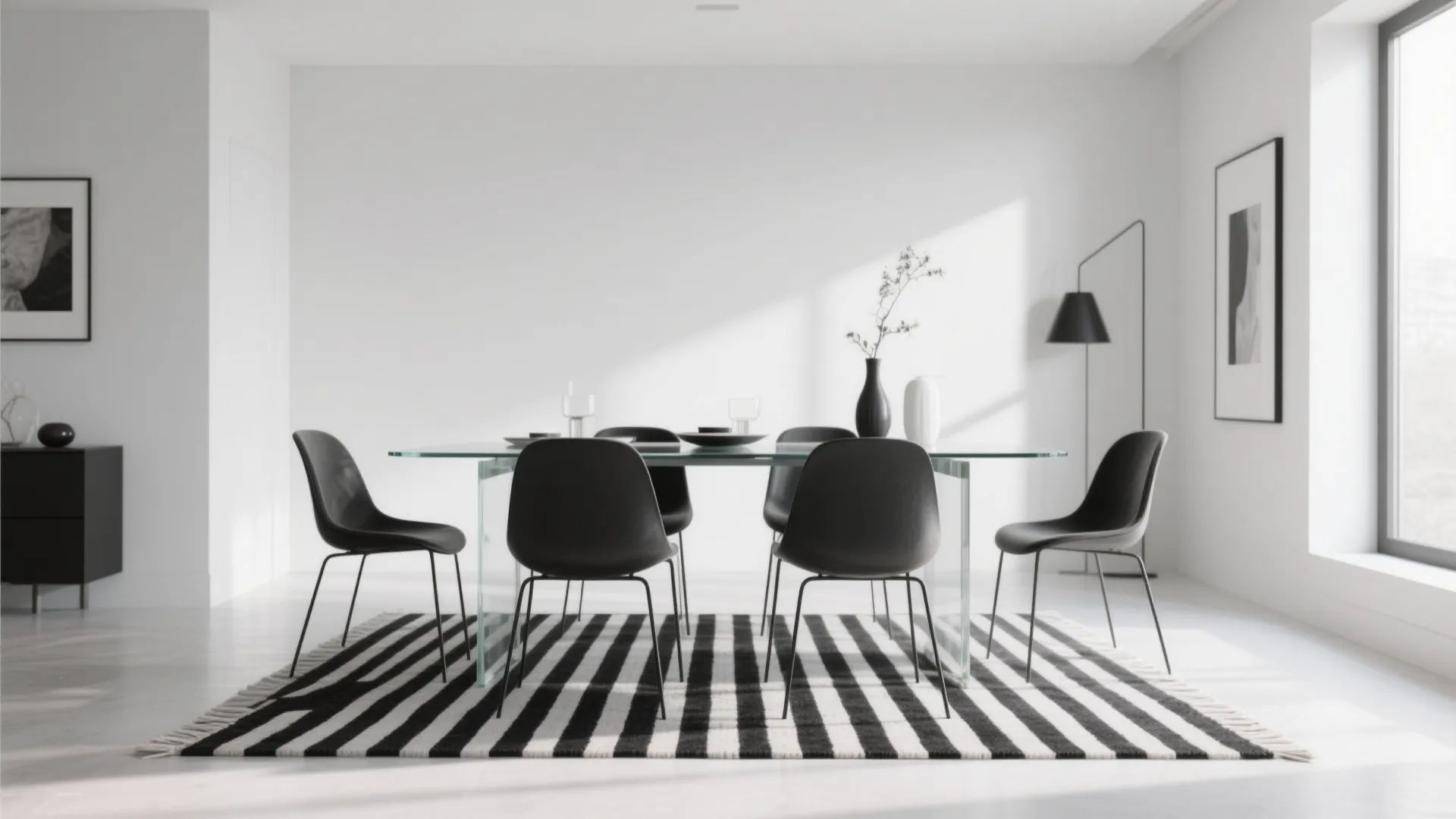 Modern glass dining table with black chairs on striped rug in bright white minimalist room