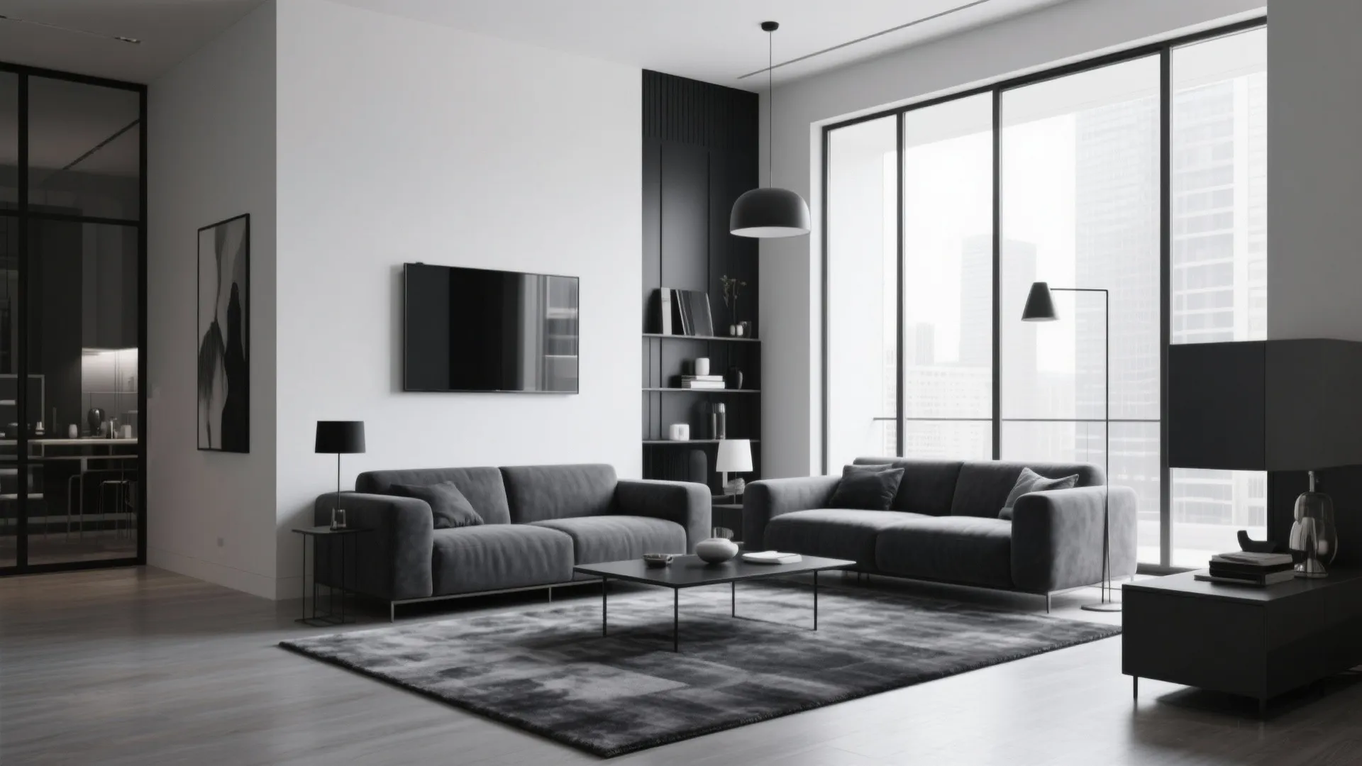 Modern apartment with charcoal monochrome rug