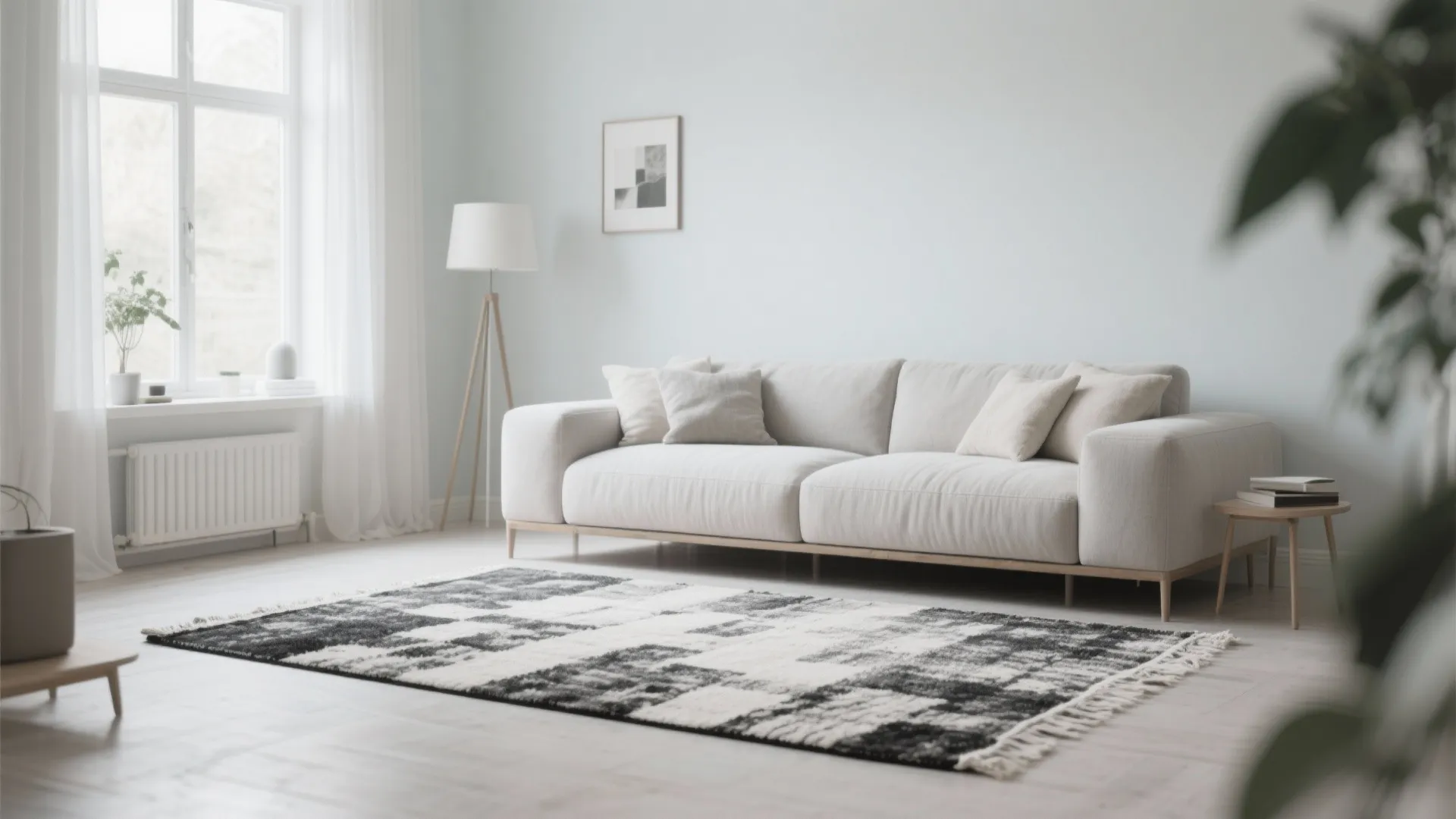 Minimalist living room with white sofa and black and white patterned rug on light floor