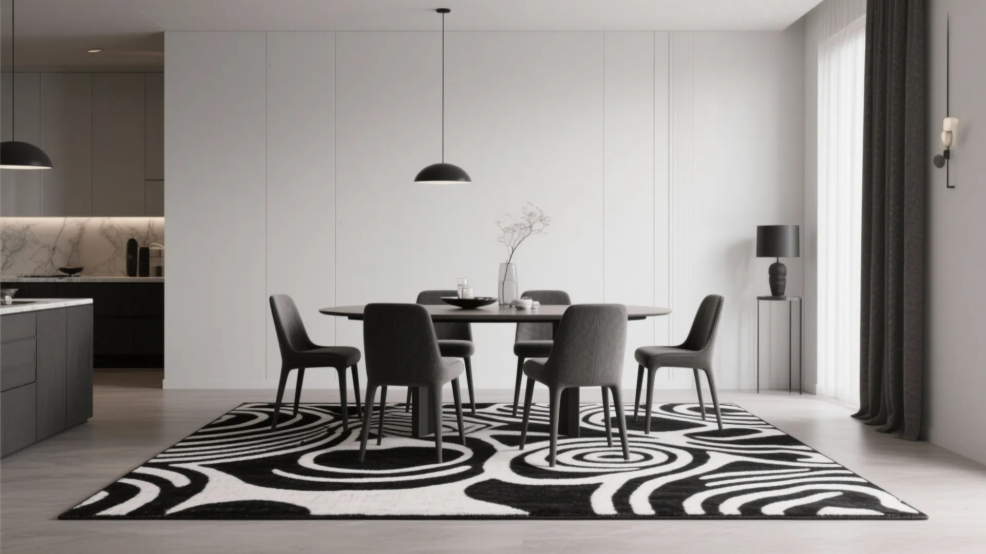 Minimalist dining area with round table grey chairs black ceiling light and swirl pattern floor rug