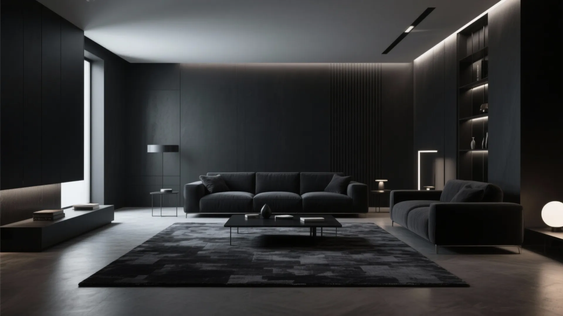 Sleek living room with dark monochrome rug and bright accents