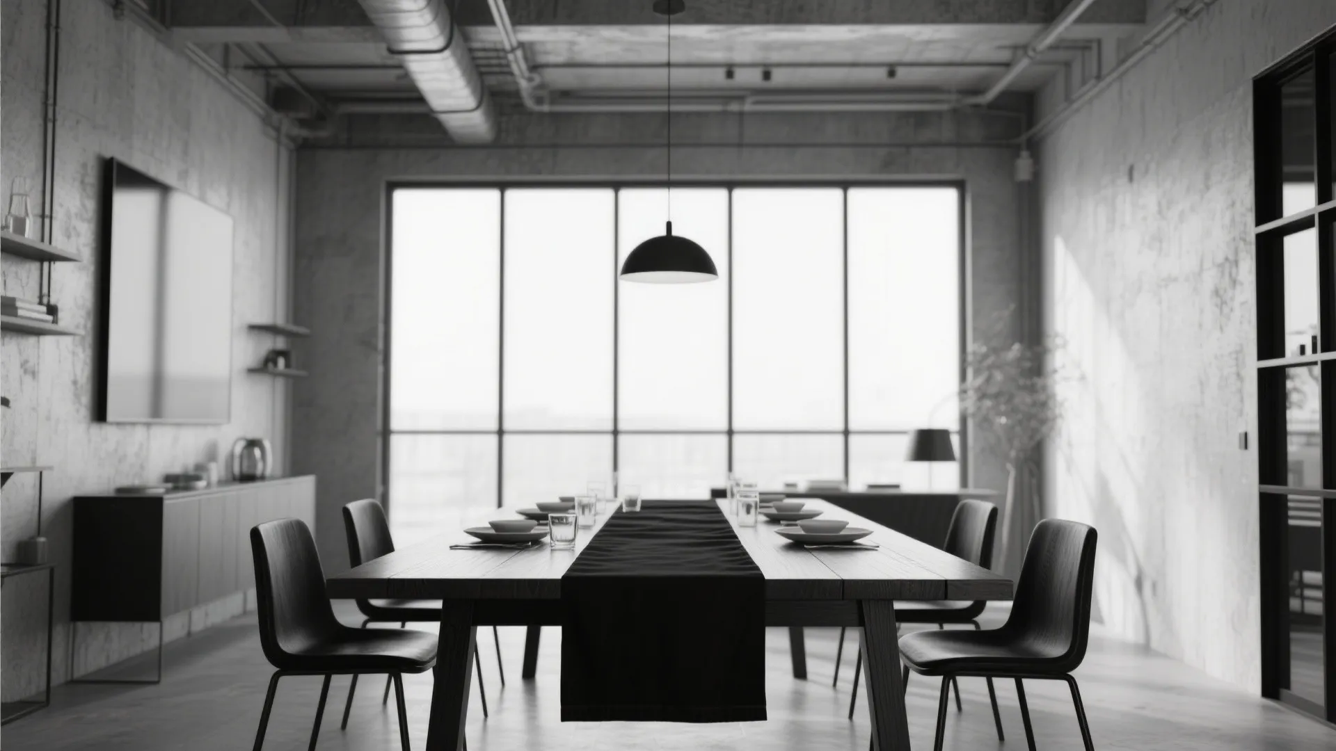 Modern black and white dining room with long wooden table black runner and minimalist ceiling light