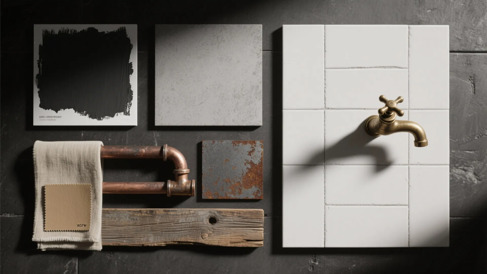 Interior design materials including white wall tile brass faucet wood copper pipe and grey stone