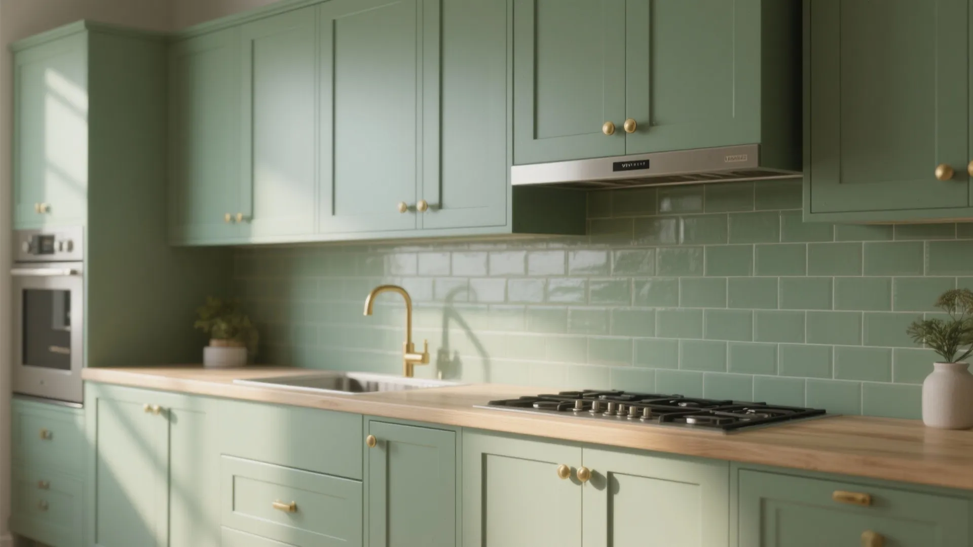 Serene kitchen featuring sage cabinetry layered with a matching sage backsplash and brass hardware.