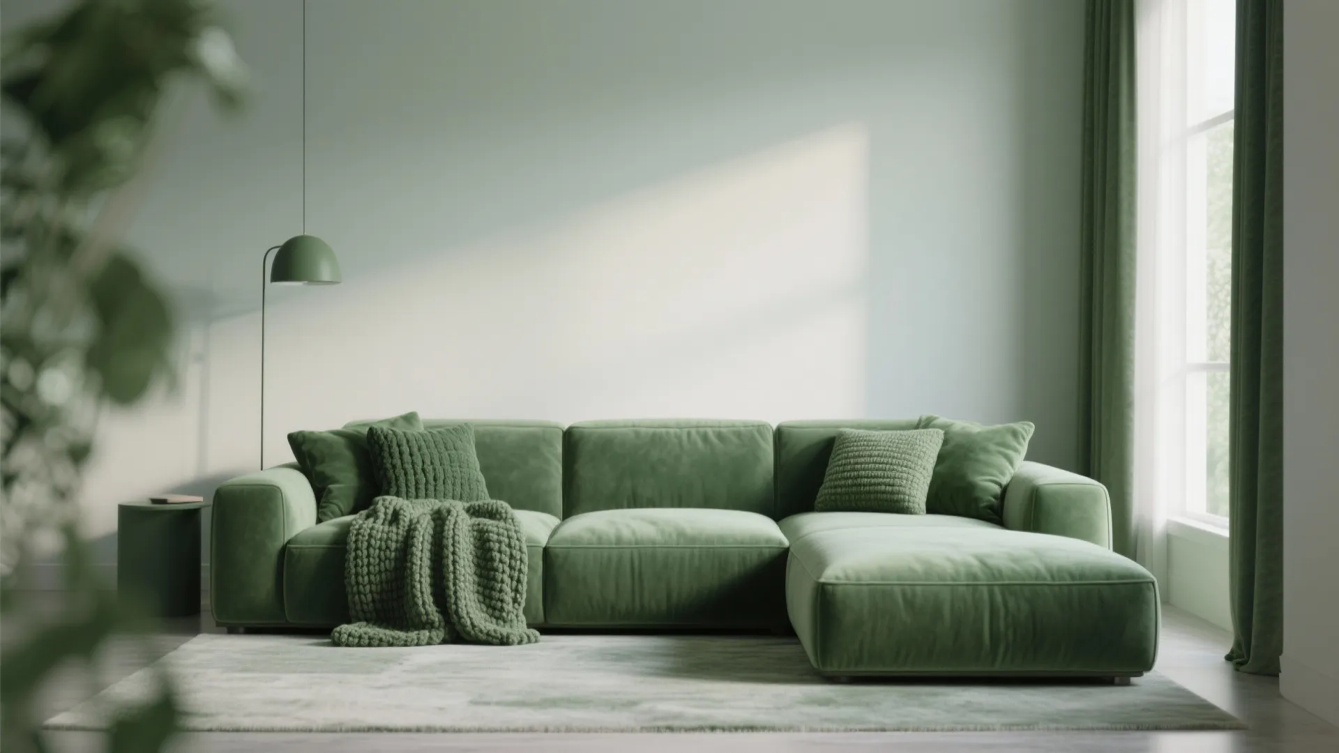 Modern green sofa with throw blanket floor lamp and rug in a bright minimalist room