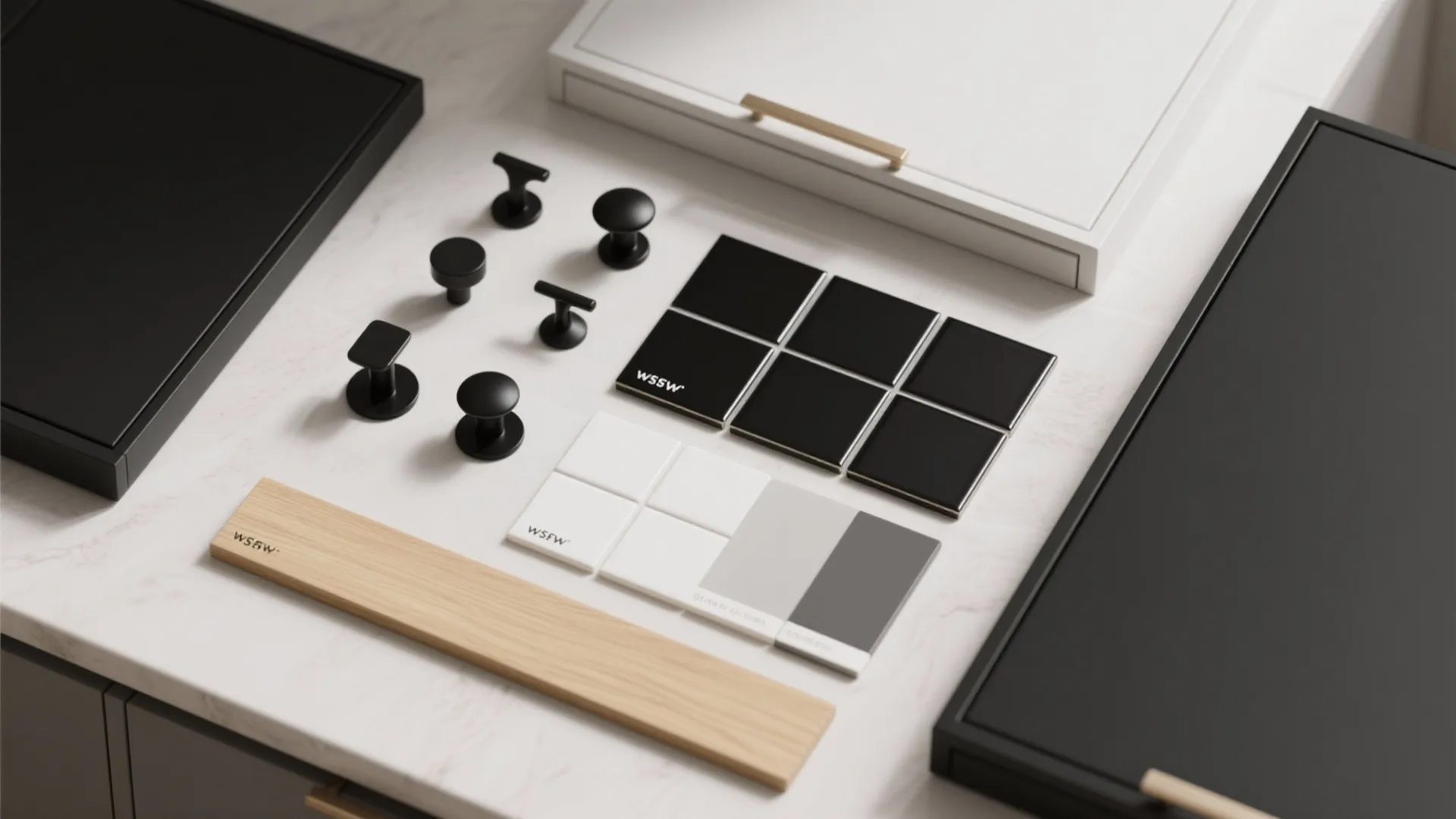Black and white cabinet door samples with matching drawer handles and tile squares on marble counter