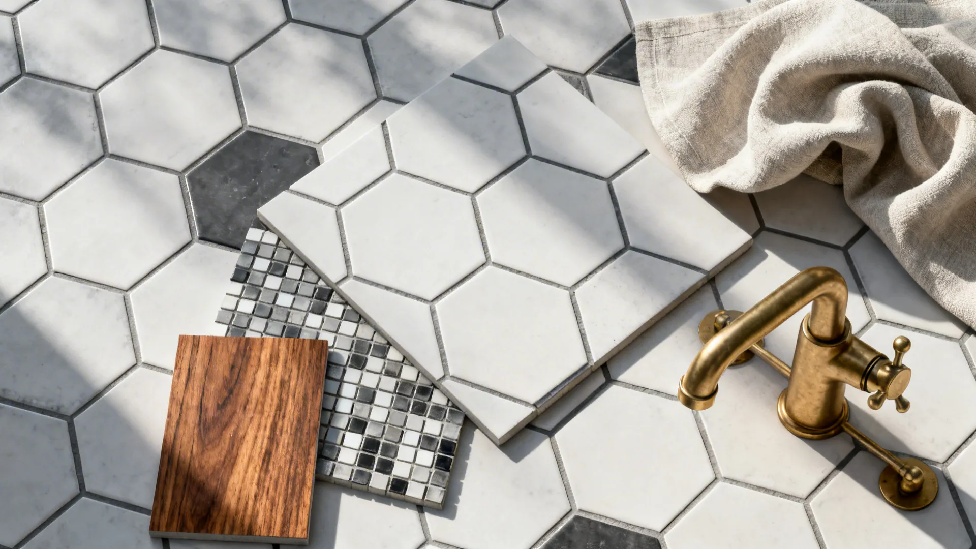 Flatlay of black-and-white tile patterns with teak wood and brass accents for warmth.