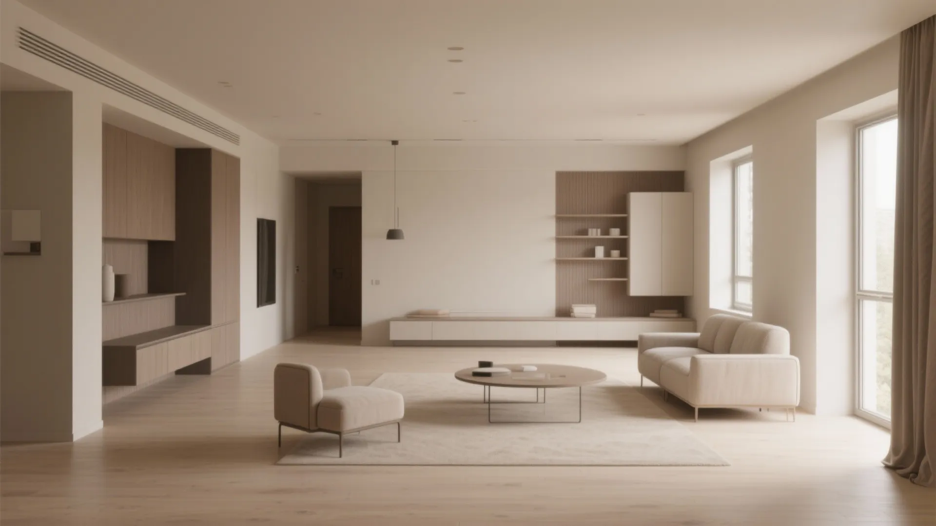 Large minimalist living room with white sofa, round coffee table, wooden floor, and neutral cabinets