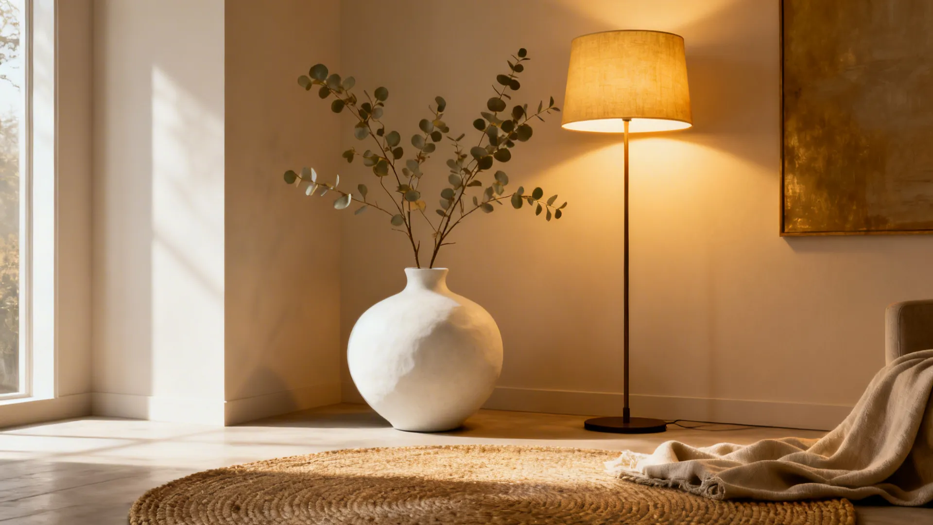 Minimalist corner with a large matte white vase, sparse eucalyptus, floor lamp and woven rug for texture.