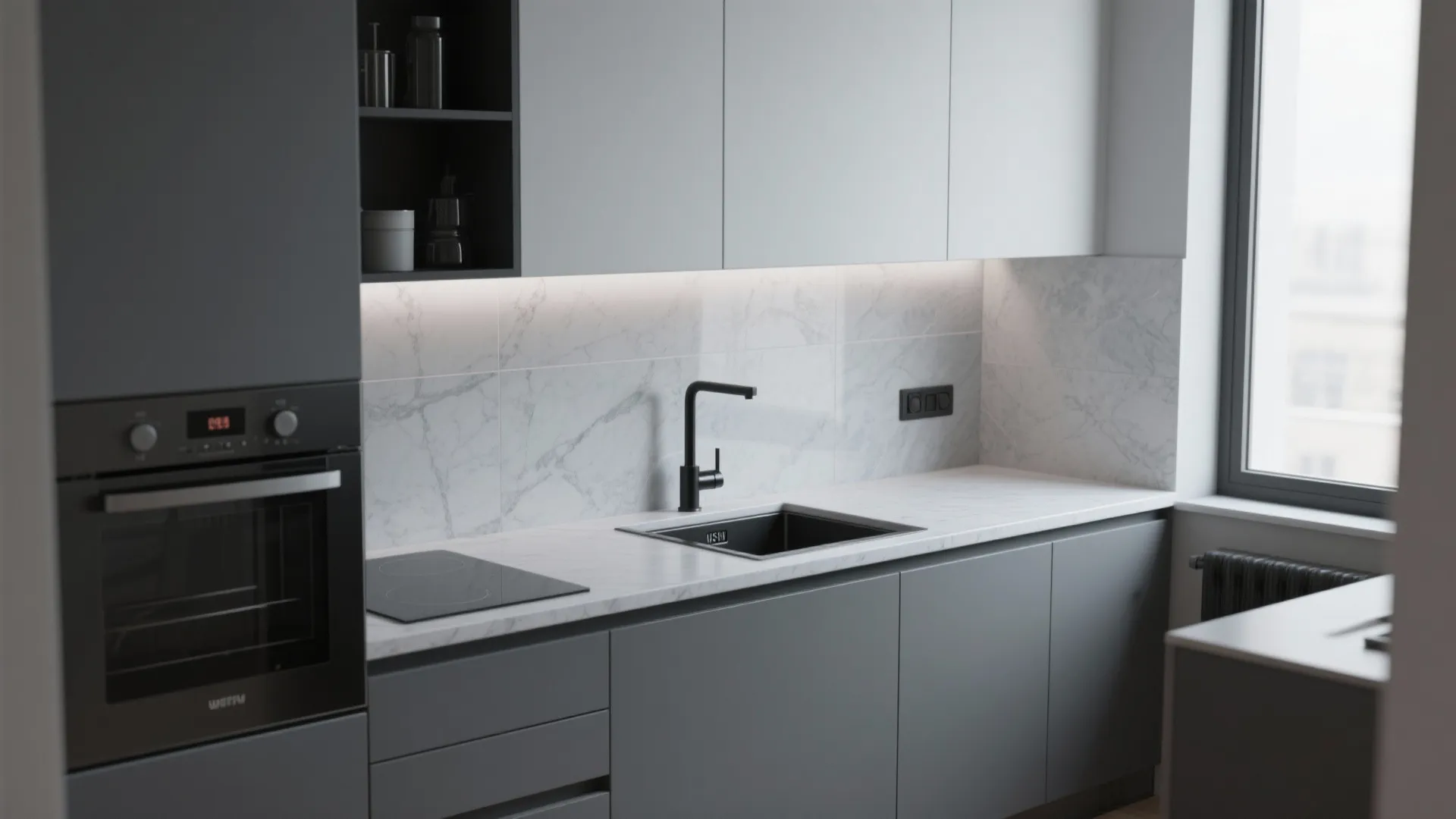 3. Monochrome seamless surfaces for tiny kitchens