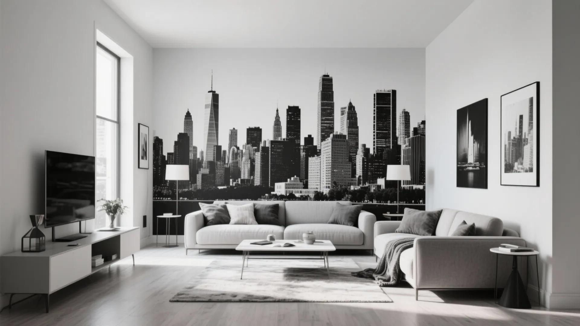 Minimalist living room with monochrome city skyline mural